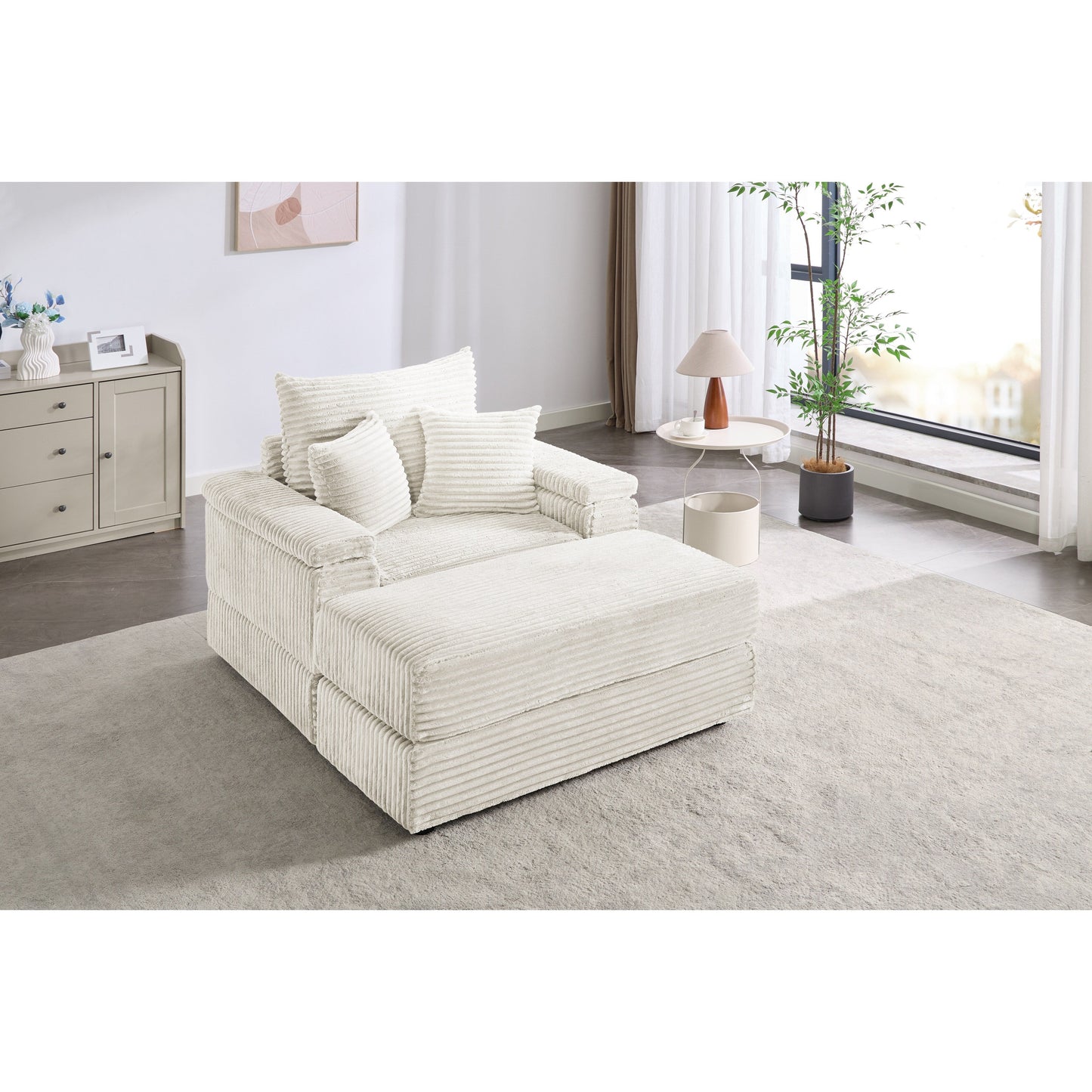 Canapé simple en velours côtelé beige 42,52 po avec pouf amovible, accoudoirs de rangement et 2 coussins décoratifs