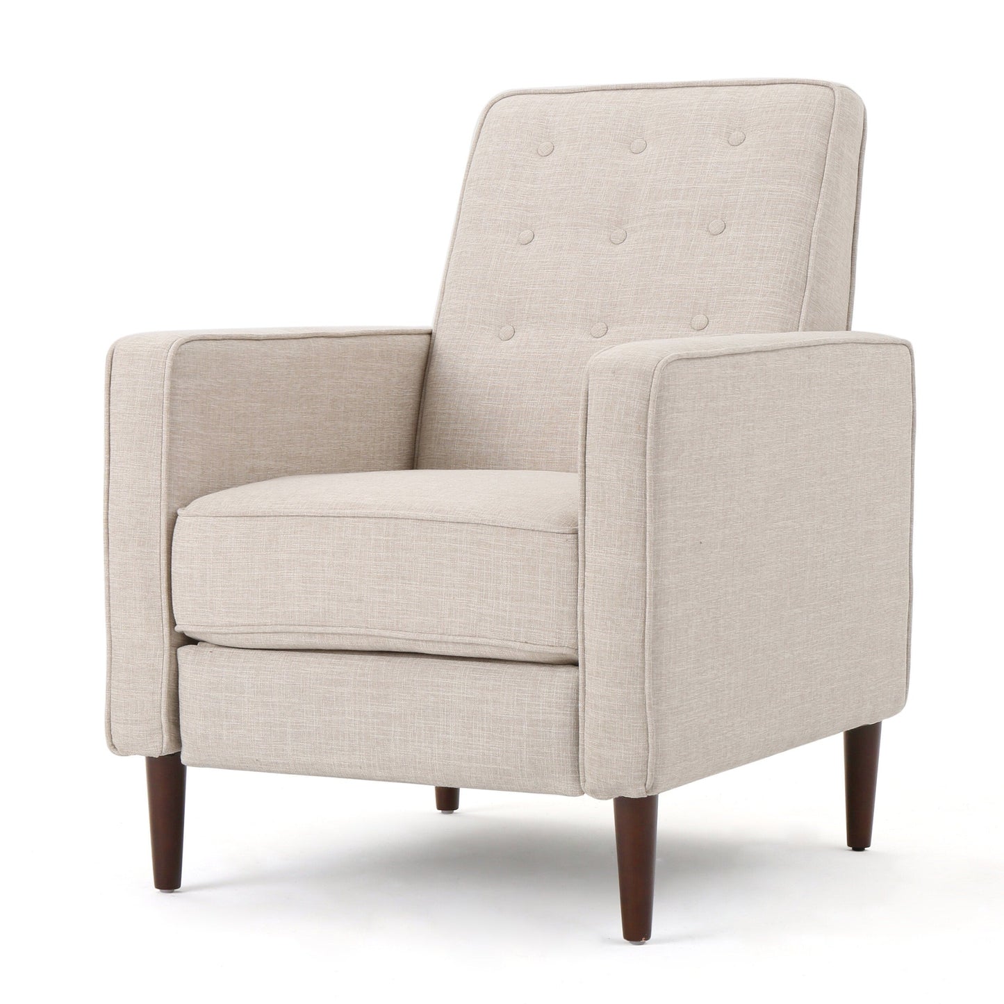 Fauteuil inclinable rembourré en tissu beige de style milieu du siècle avec repose-pieds, dossier capitonné et pieds en hêtre