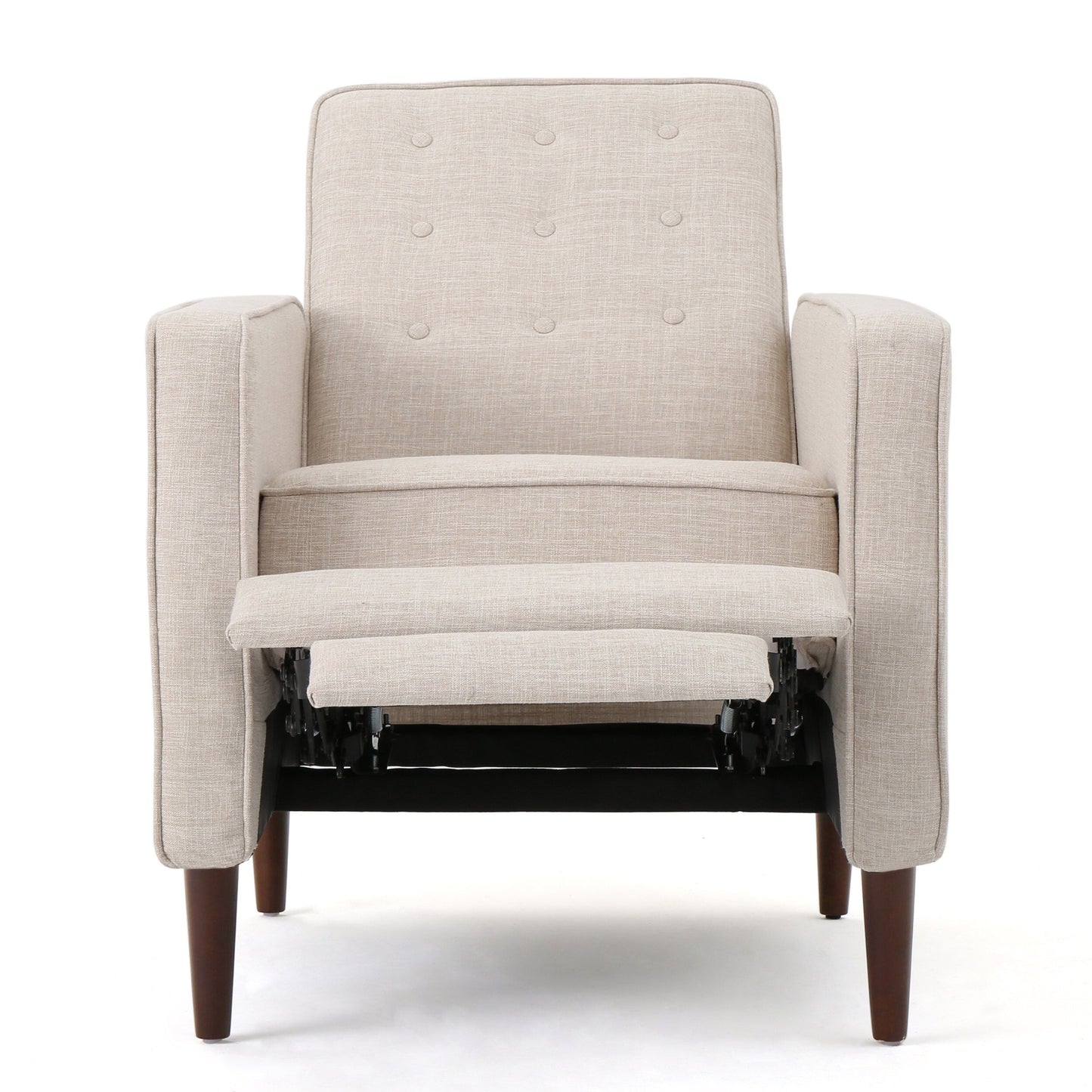 Fauteuil inclinable rembourré en tissu beige de style milieu du siècle avec repose-pieds, dossier capitonné et pieds en hêtre