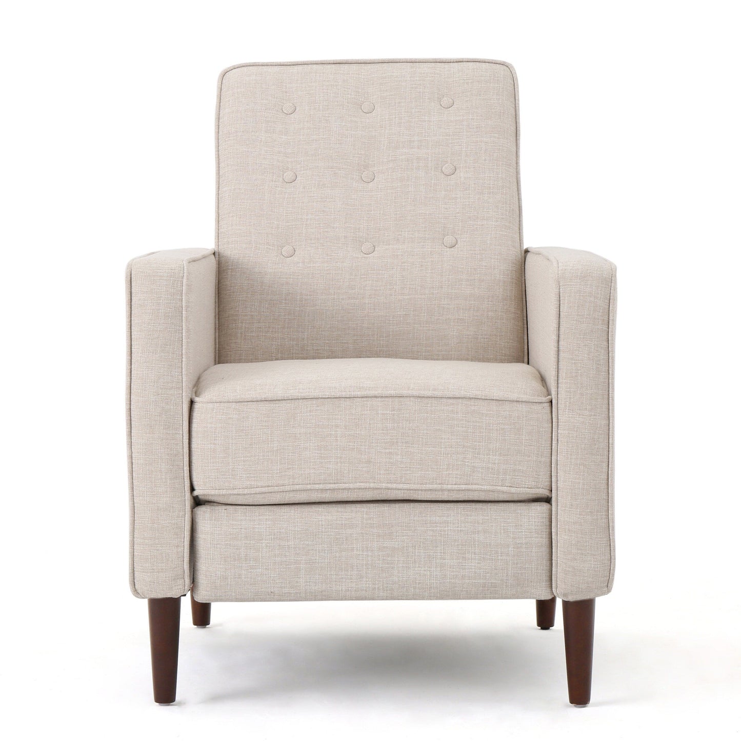 Fauteuil inclinable rembourré en tissu beige de style milieu du siècle avec repose-pieds, dossier capitonné et pieds en hêtre