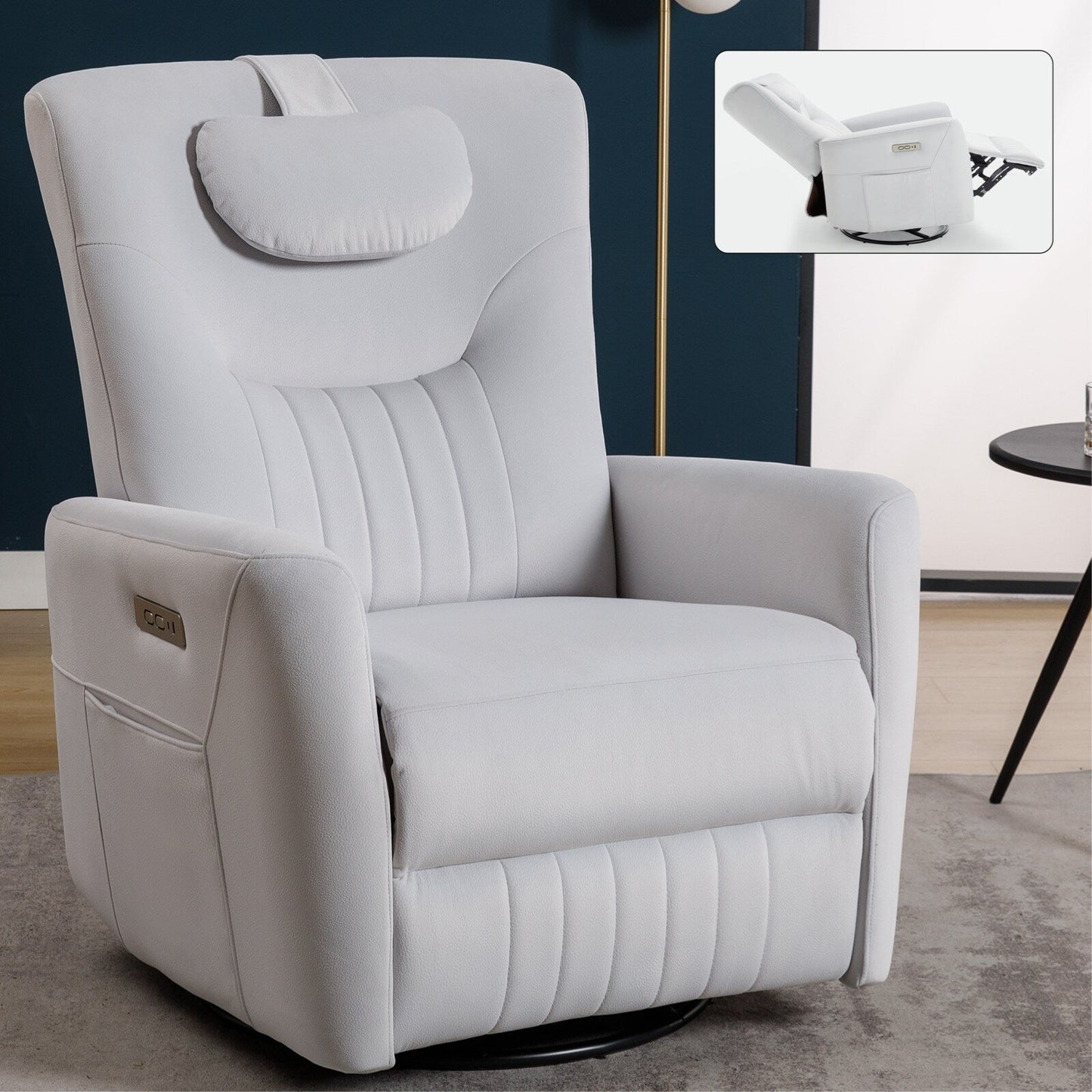 Fauteuil inclinable électrique beige avec pivot, mouvement de bascule et coussin lombaire