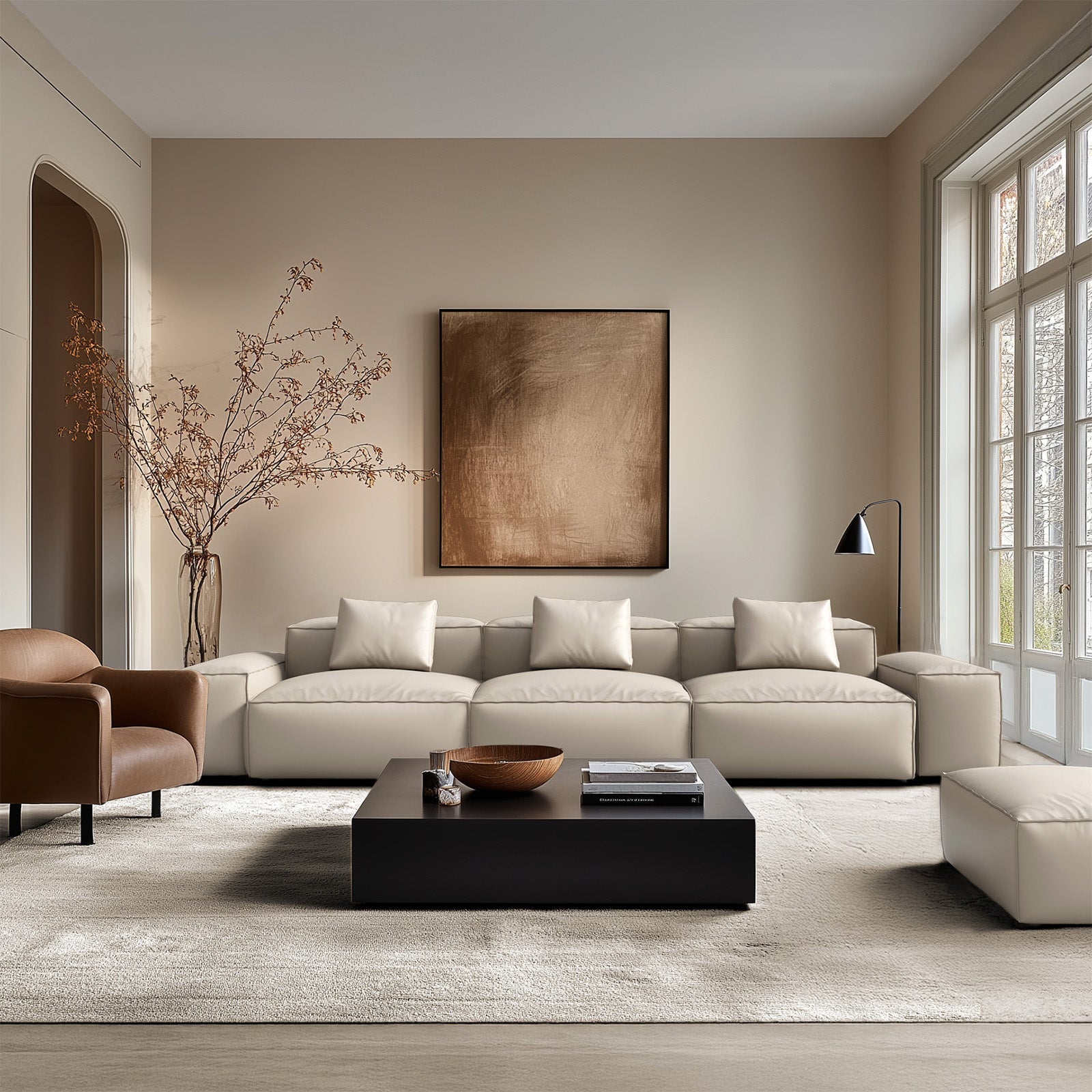 Cube Modular Beige Genuine Leather Sofa