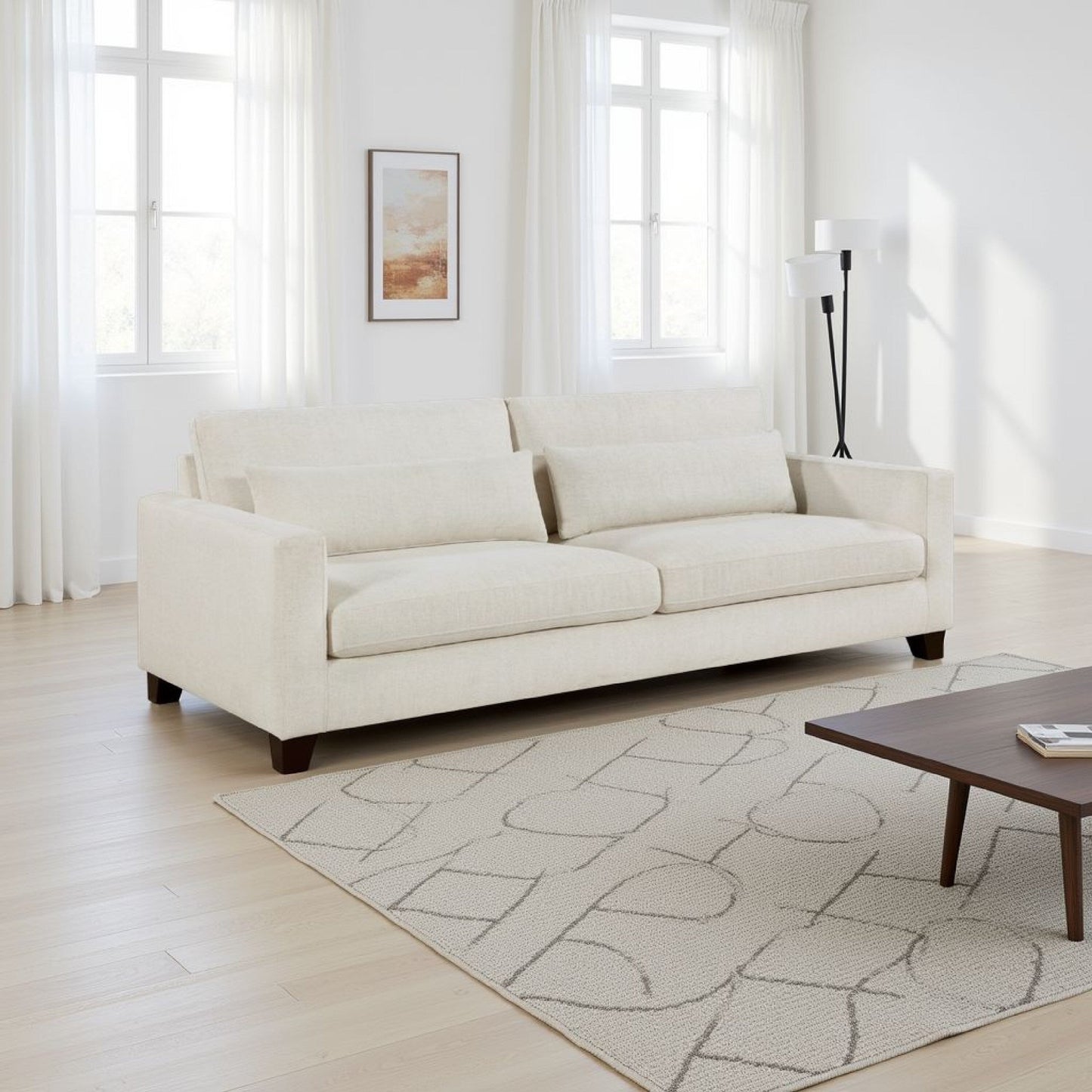 Canapé Bior, 2 coussins lombaires, tissu ivoire, 226 cm, design moderne