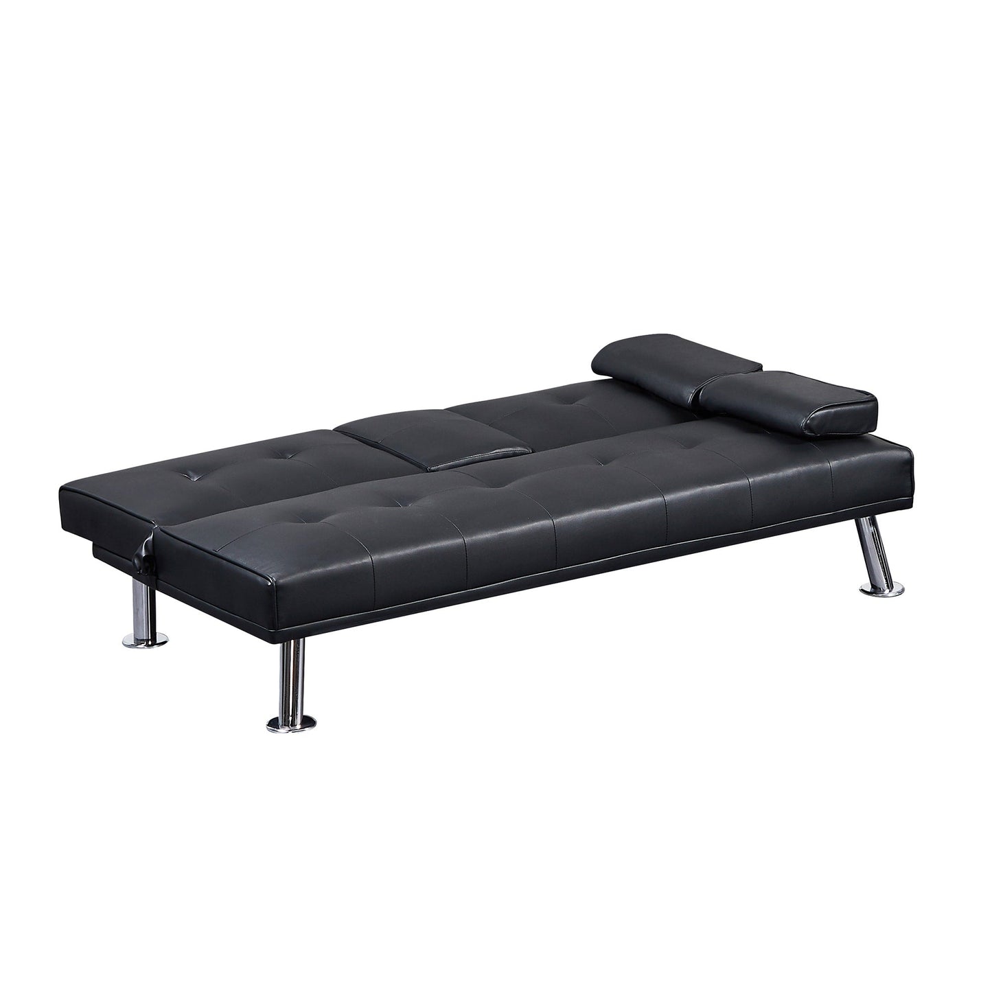 Canapé-lit convertible en similicuir noir avec porte-gobelets. Dimensions : 31,50 x 65,75 x 29,53 cm.