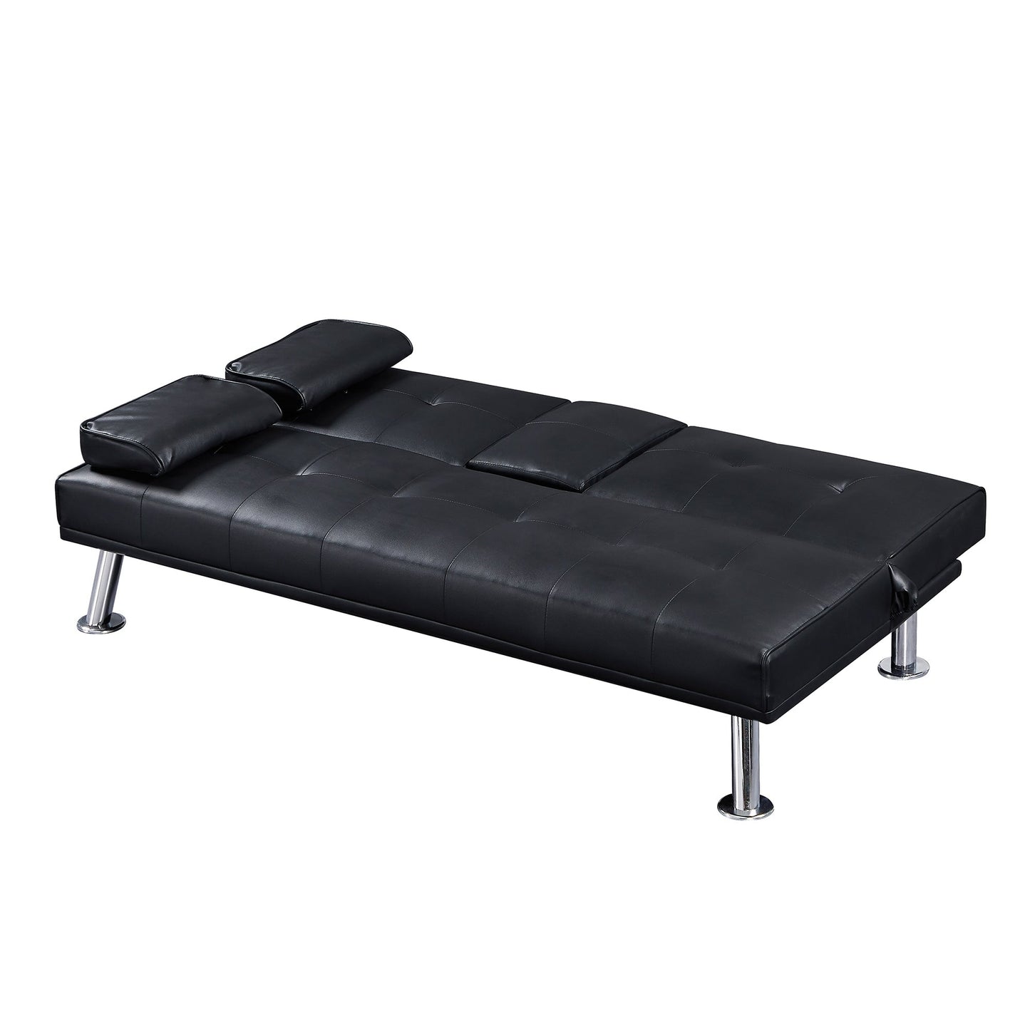 Canapé-lit convertible en similicuir noir avec porte-gobelets. Dimensions : 31,50 x 65,75 x 29,53 cm.