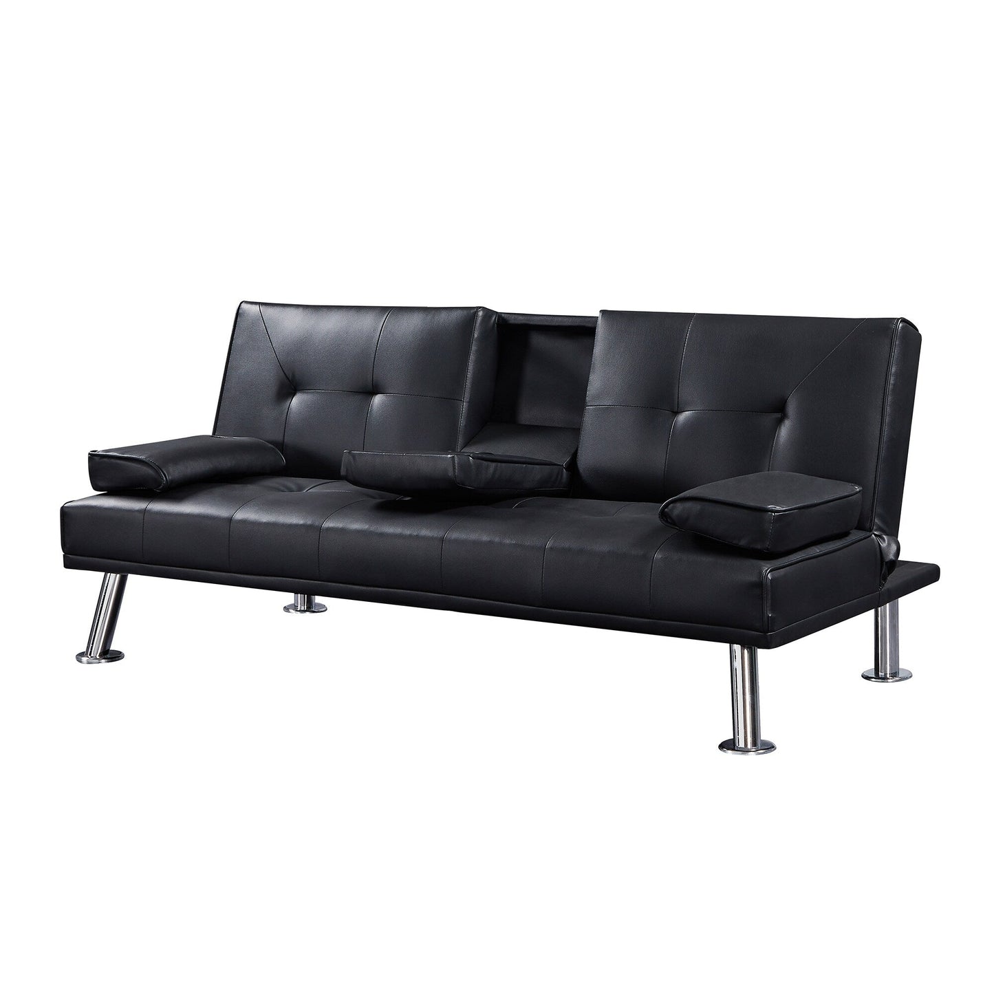 Canapé-lit convertible en similicuir noir avec porte-gobelets. Dimensions : 31,50 x 65,75 x 29,53 cm.