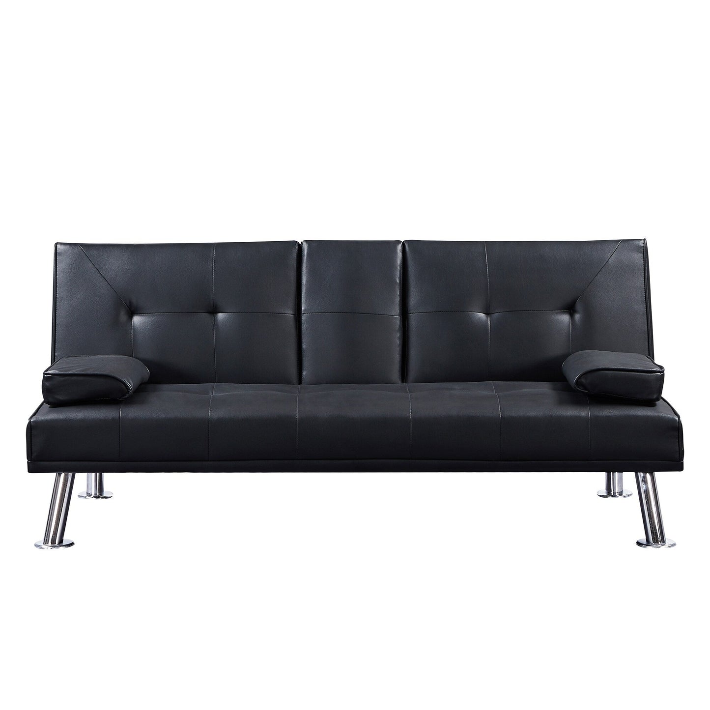 Canapé-lit convertible en similicuir noir avec porte-gobelets. Dimensions : 31,50 x 65,75 x 29,53 cm.