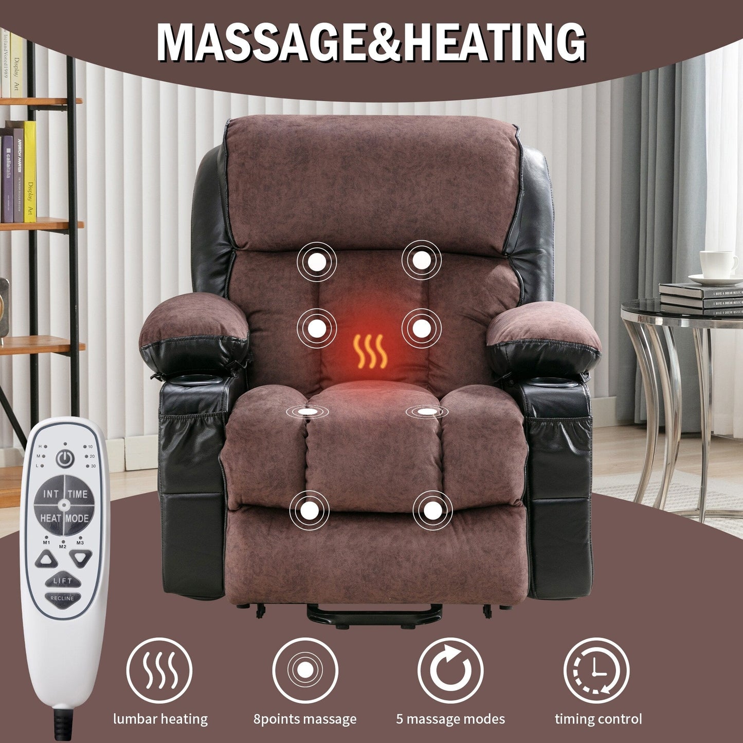 Fauteuil inclinable électrique noir avec massage, chauffage et cuir synthétique