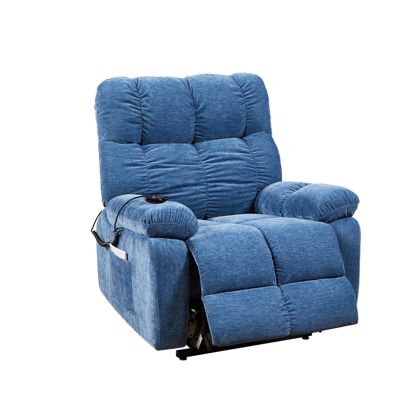 Fauteuil inclinable électrique bleu avec deux moteurs OKIN, massage, chauffage lombaire, positions réglables et rangement latéral