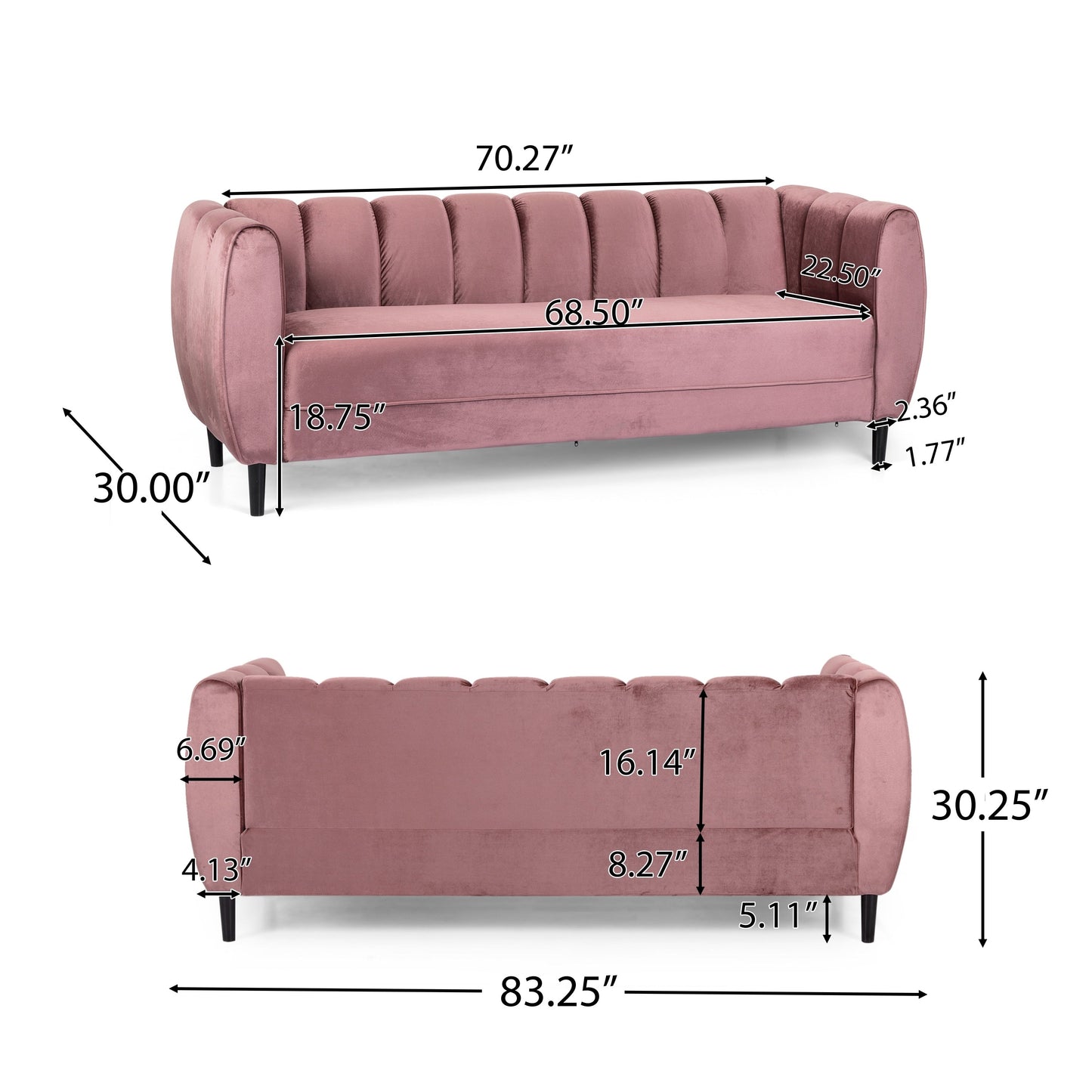 Canapé 3 places en velours moderne Bobran par Christopher Knight Home - 30,00 P x 83,25 L x 30,25 H