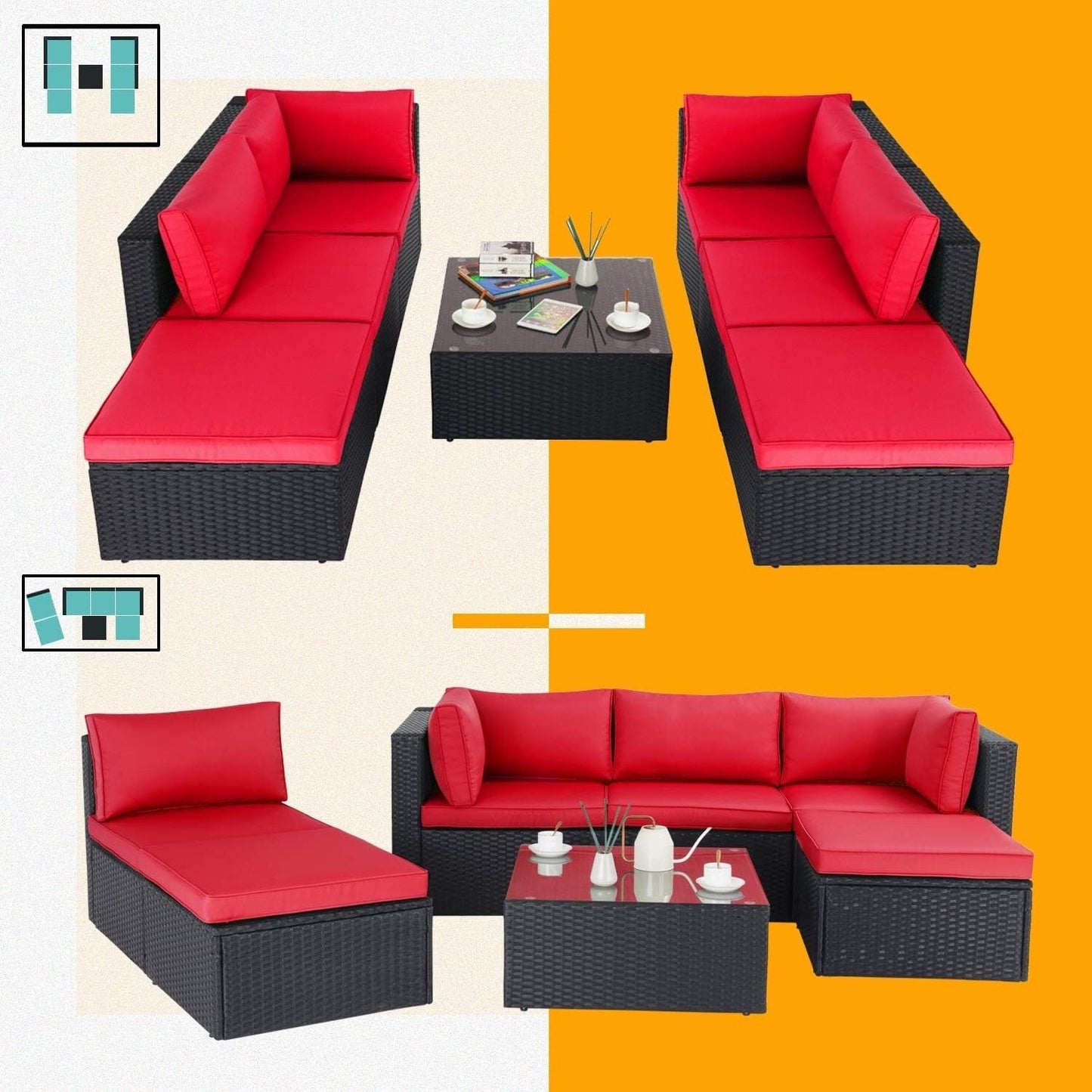 Ensemble de meubles de jardin Bossin 7 pièces, canapé d'extérieur sectionnel, canapé en rotin avec coussins lavables et table en verre
