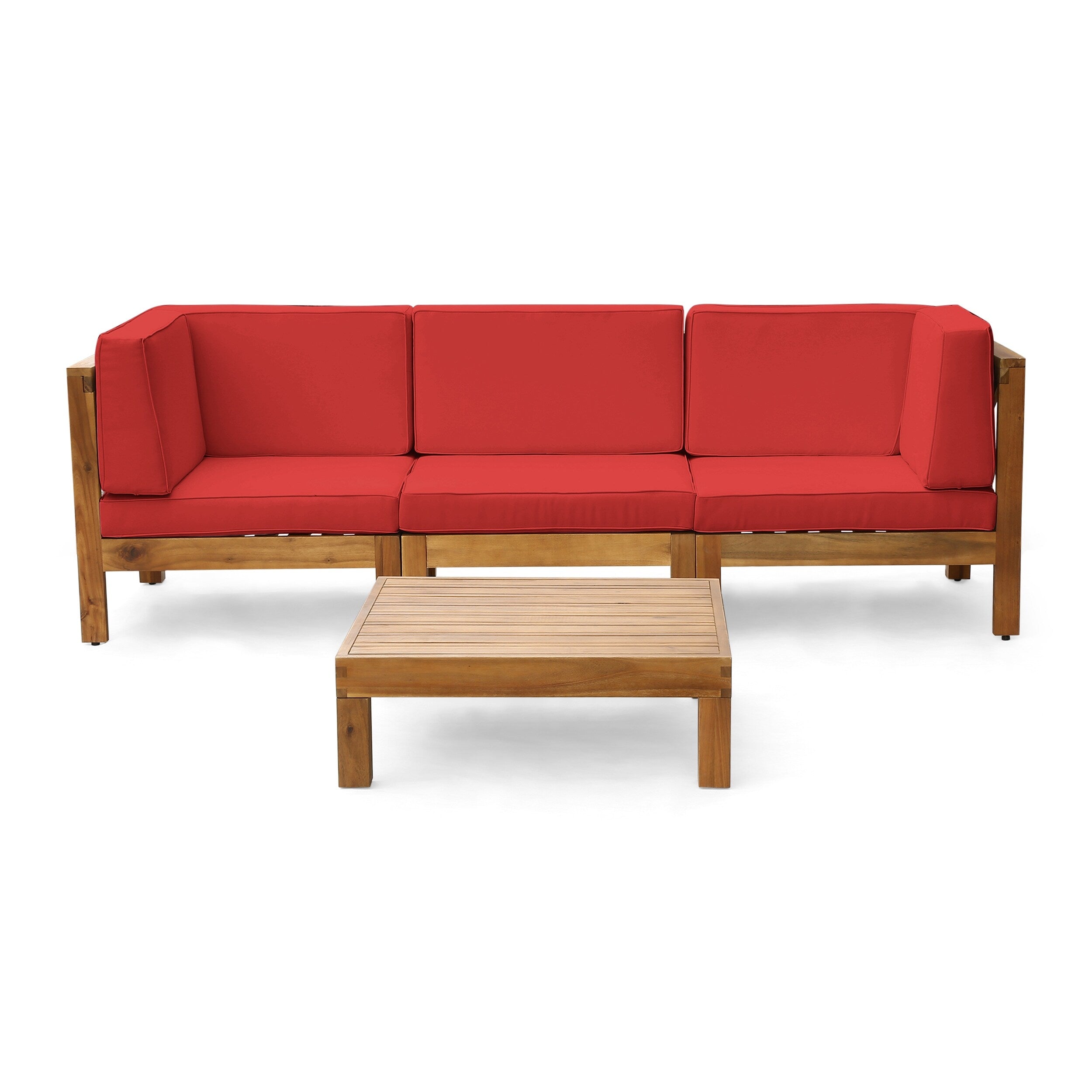 Ensemble de canapés d'extérieur 3 places en bois d'acacia Brava avec table basse et coussins par Christopher Knight Home