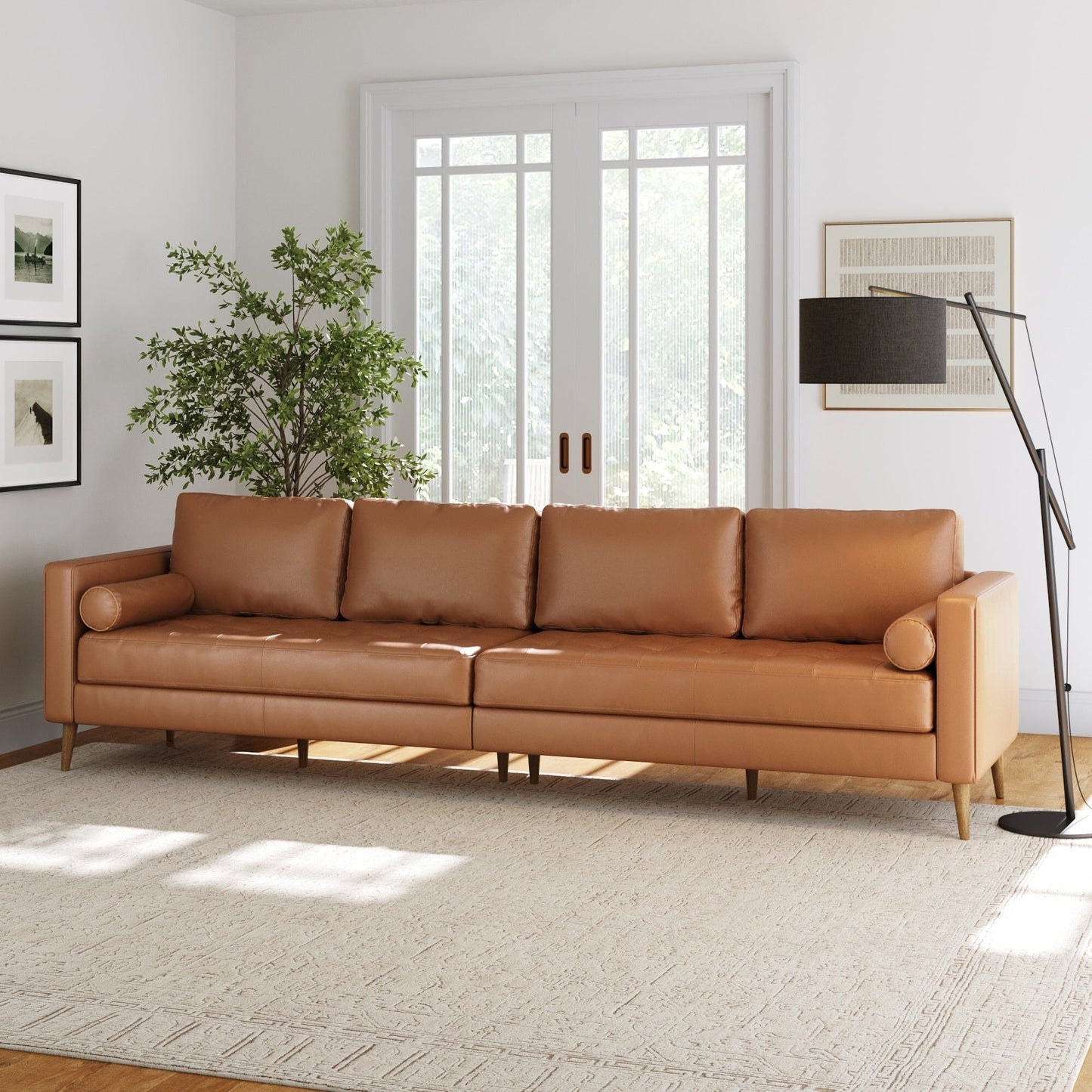 Canapé Breeze Mid-Century moderne, canapé en cuir avec coussin capitonné et cadre en bois massif