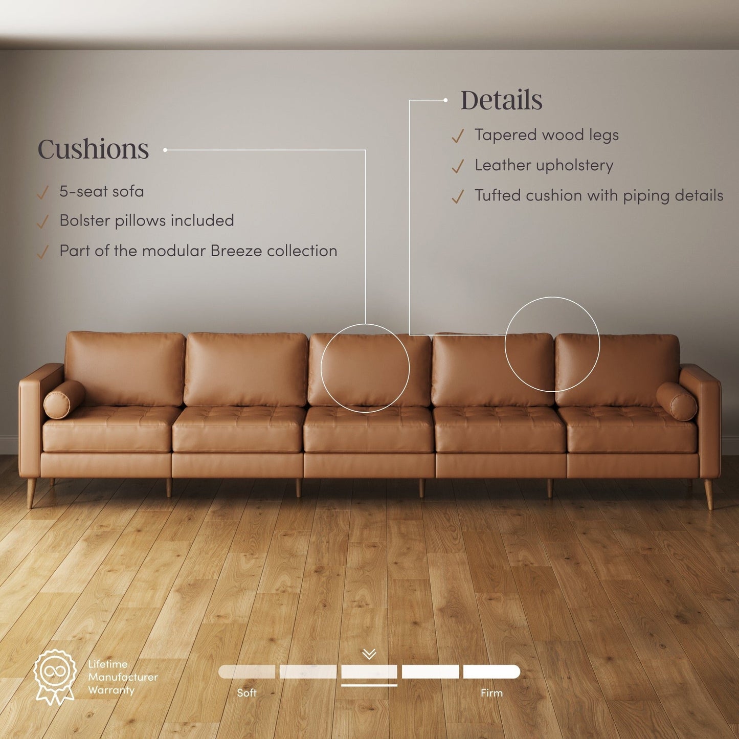 Canapé Breeze Mid-Century moderne, canapé en cuir avec coussin capitonné et cadre en bois massif