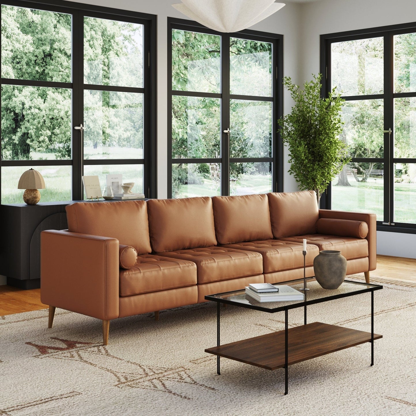 Canapé Breeze Mid-Century moderne, canapé en cuir avec coussin capitonné et cadre en bois massif