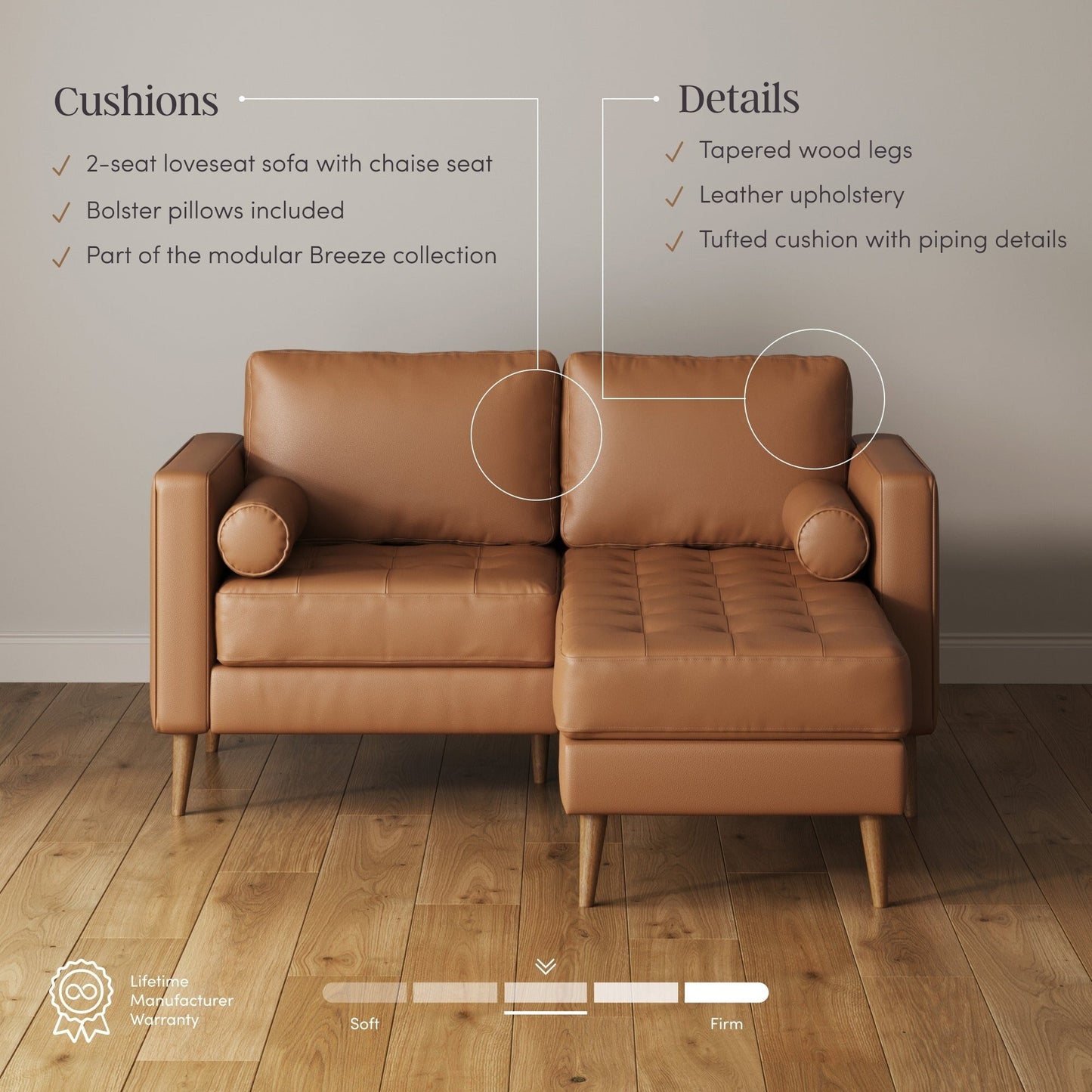 Canapé Breeze Mid-Century moderne, canapé en cuir avec coussin capitonné et cadre en bois massif