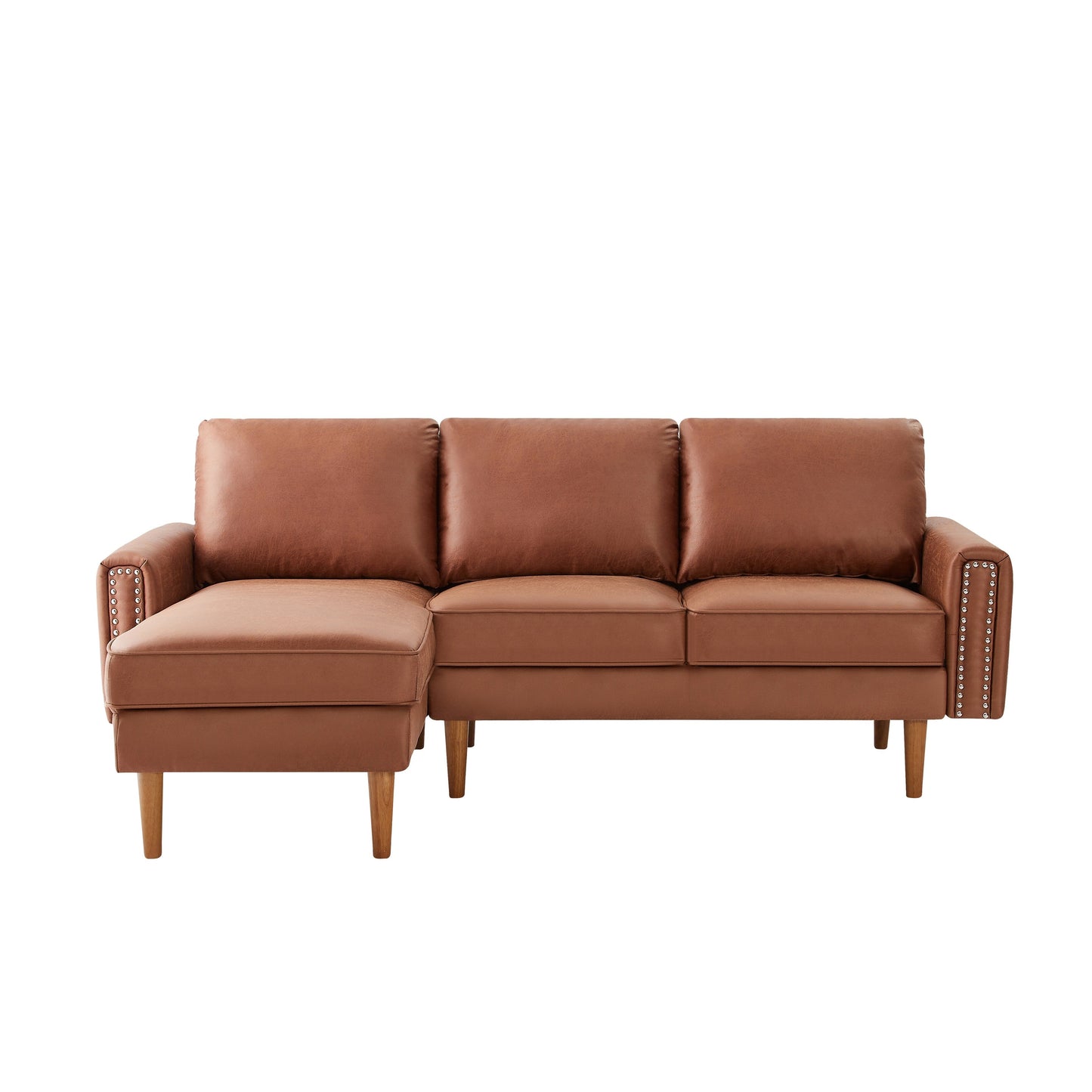 Canapé 3 places en L en cuir synthétique marron de 208 cm avec méridienne gauche et clous décoratifs, finitions cuivrées et pieds en bois massif.