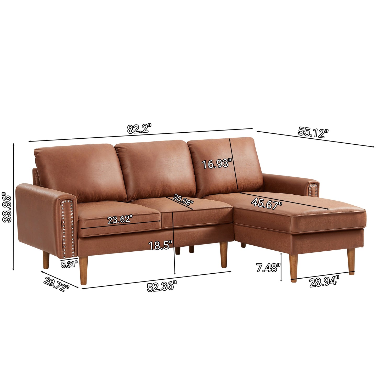 Canapé 3 places en L en cuir synthétique marron de 208 cm avec méridienne gauche et clous décoratifs, finitions cuivrées et pieds en bois massif.