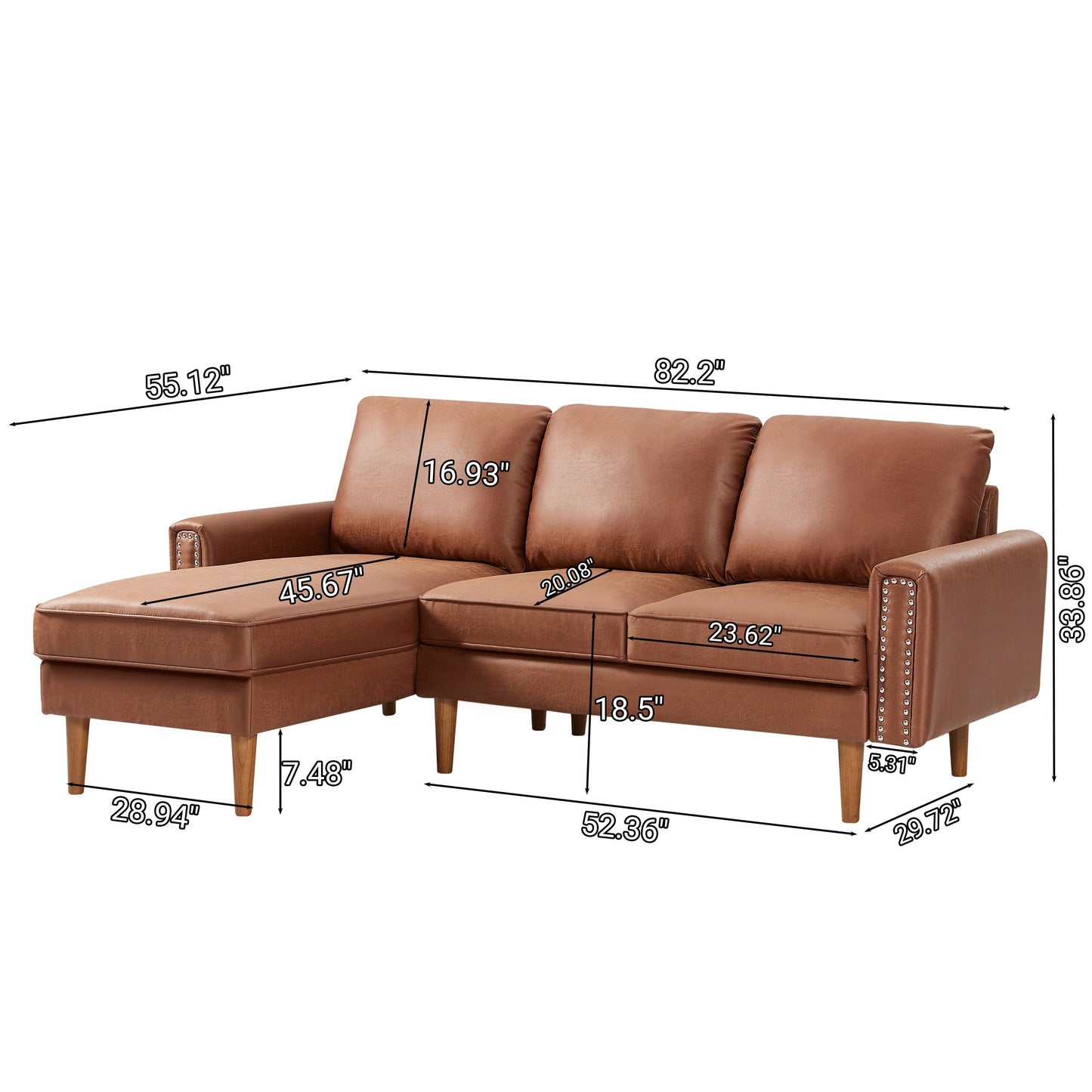 Canapé 3 places en L en cuir synthétique marron de 208 cm avec méridienne gauche et clous décoratifs, finitions cuivrées et pieds en bois massif.