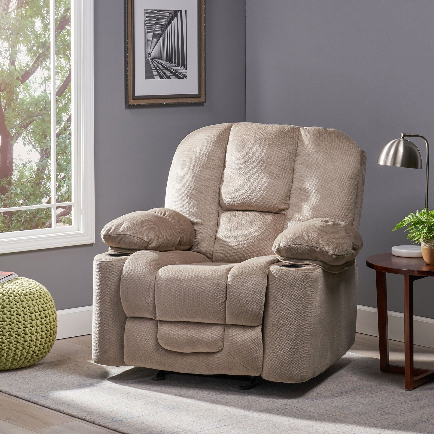 Fauteuil inclinable manuel marron avec tissu moelleux et deux porte-gobelets