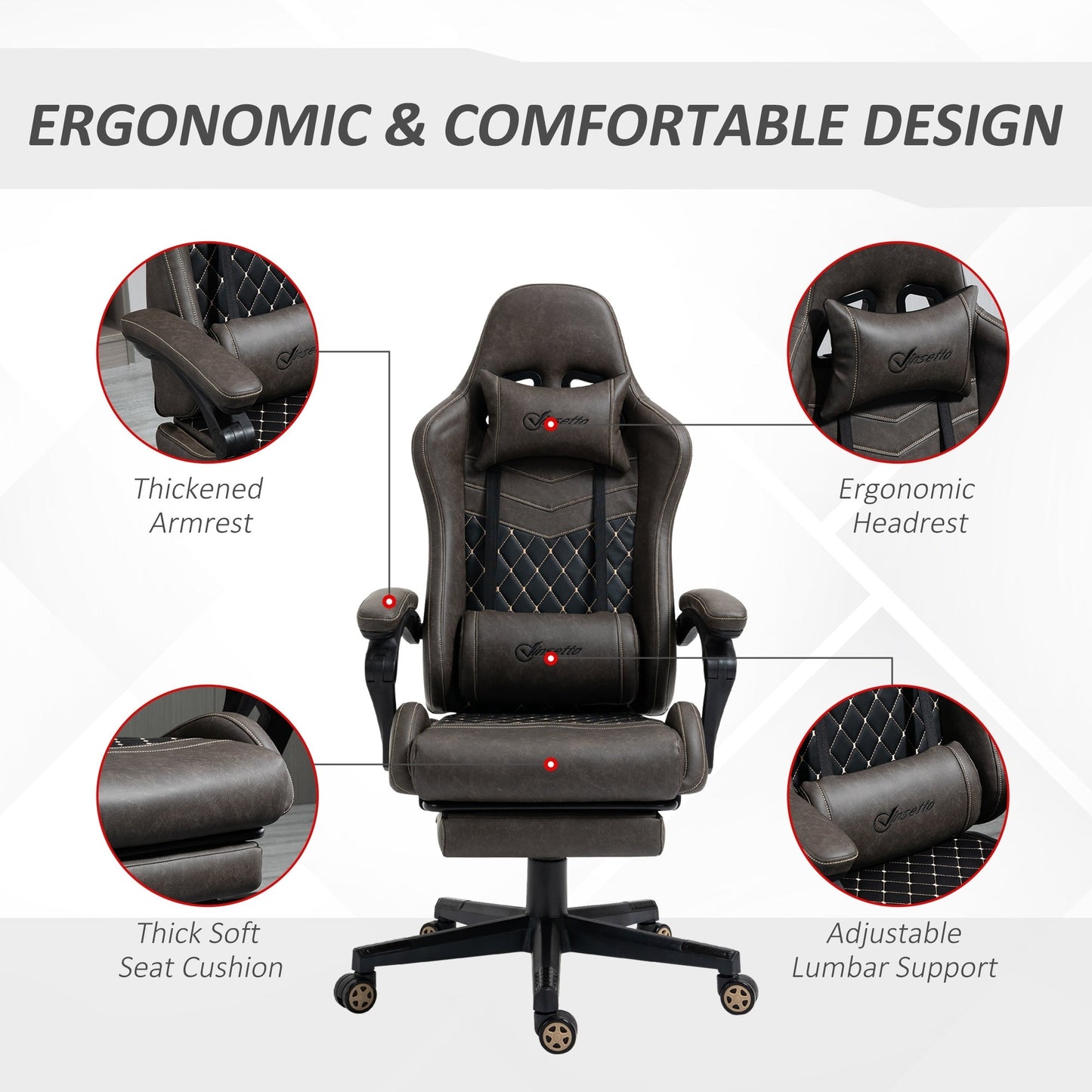 Fauteuil de jeu inclinable pivotant à 360° en cuir synthétique marron avec repose-pieds, appui-tête, soutien lombaire et hauteur réglable