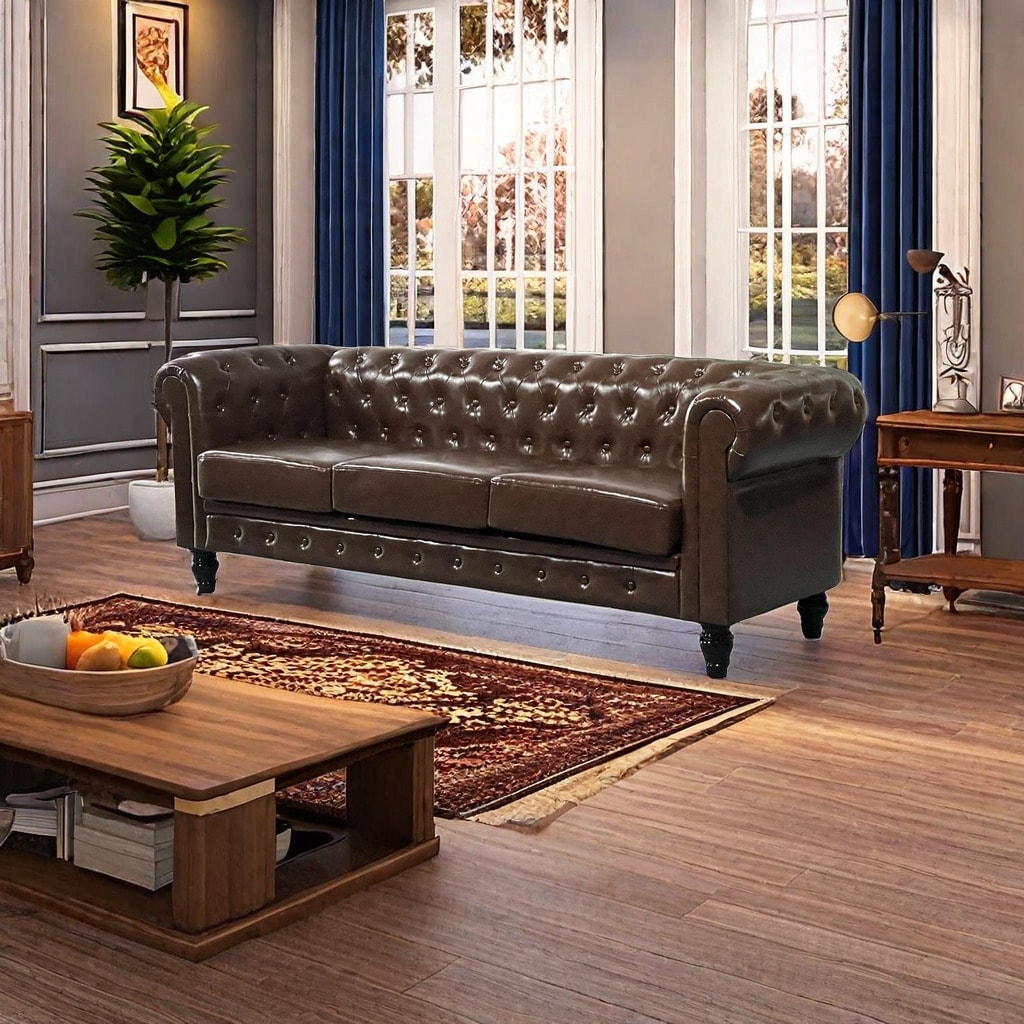 Canapé 3 places capitonné Chesterfield en cuir pour salon, avec accoudoirs roulés et 4 pieds en forme de gourde, marron