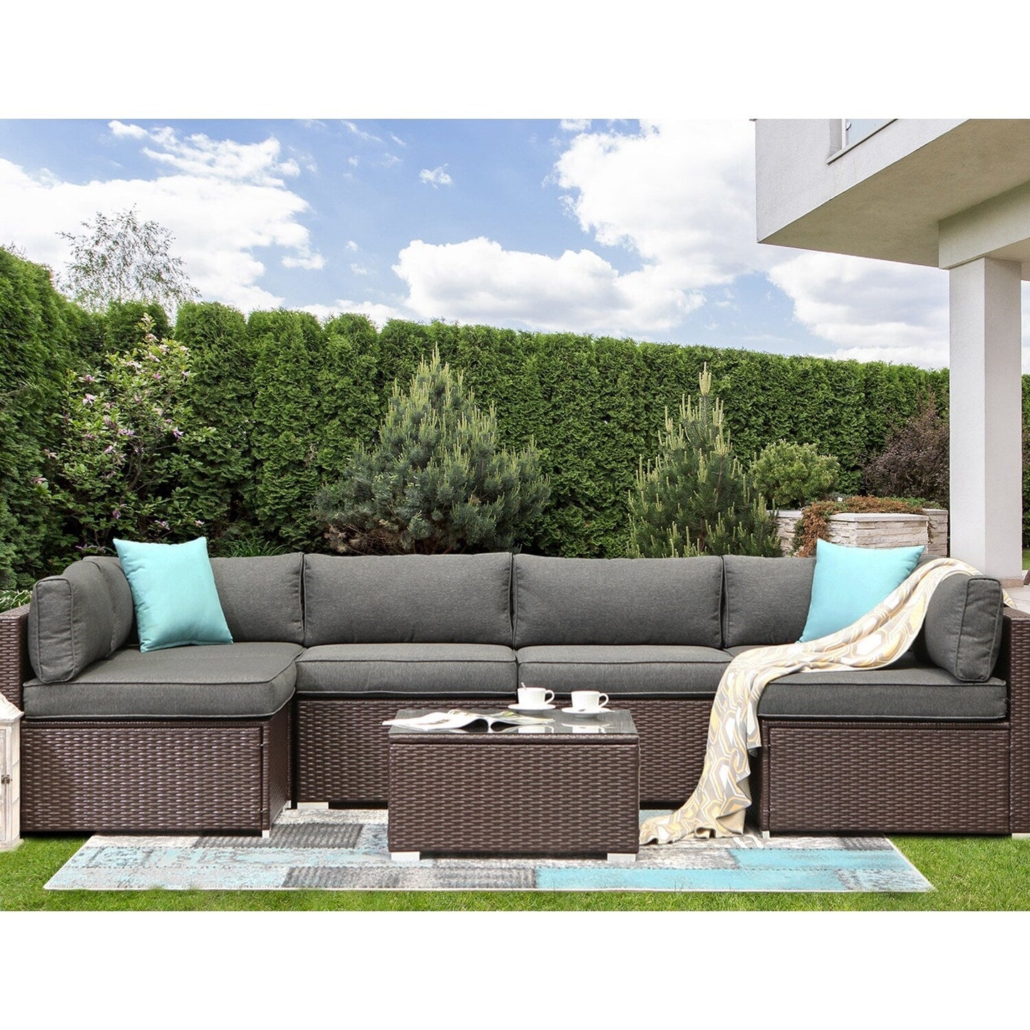 Ensemble de canapés sectionnels en osier pour patio extérieur COSIEST 7 pièces
