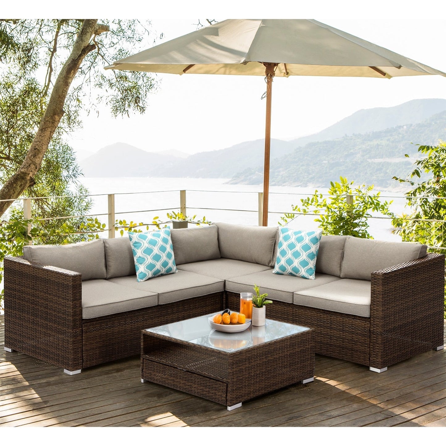 Ensemble de patio extérieur en osier 4 pièces COSIEST avec table basse