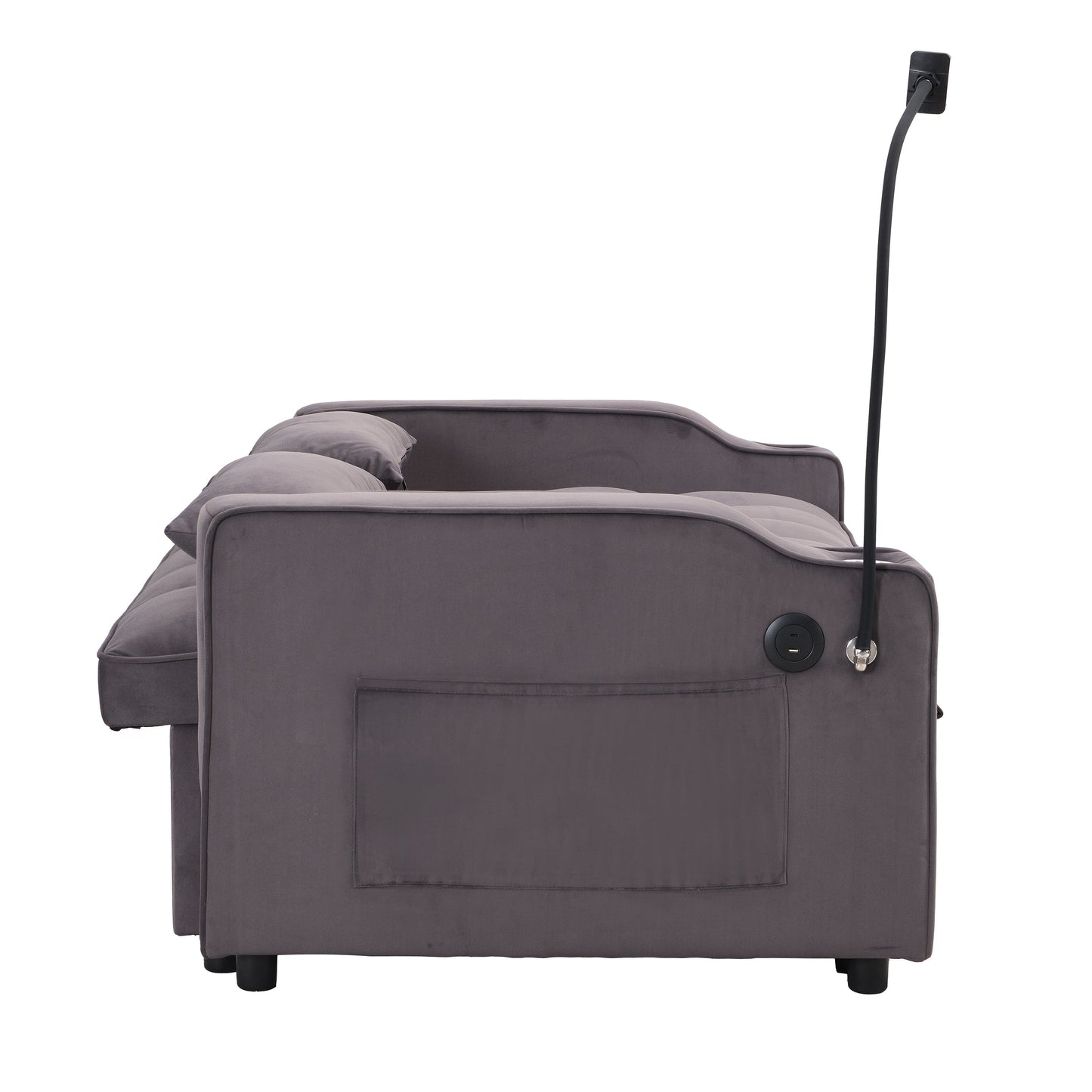 Canapé-lit gigogne en velours gris anthracite, convertible, dossier réglable, chargement USB, montage facile