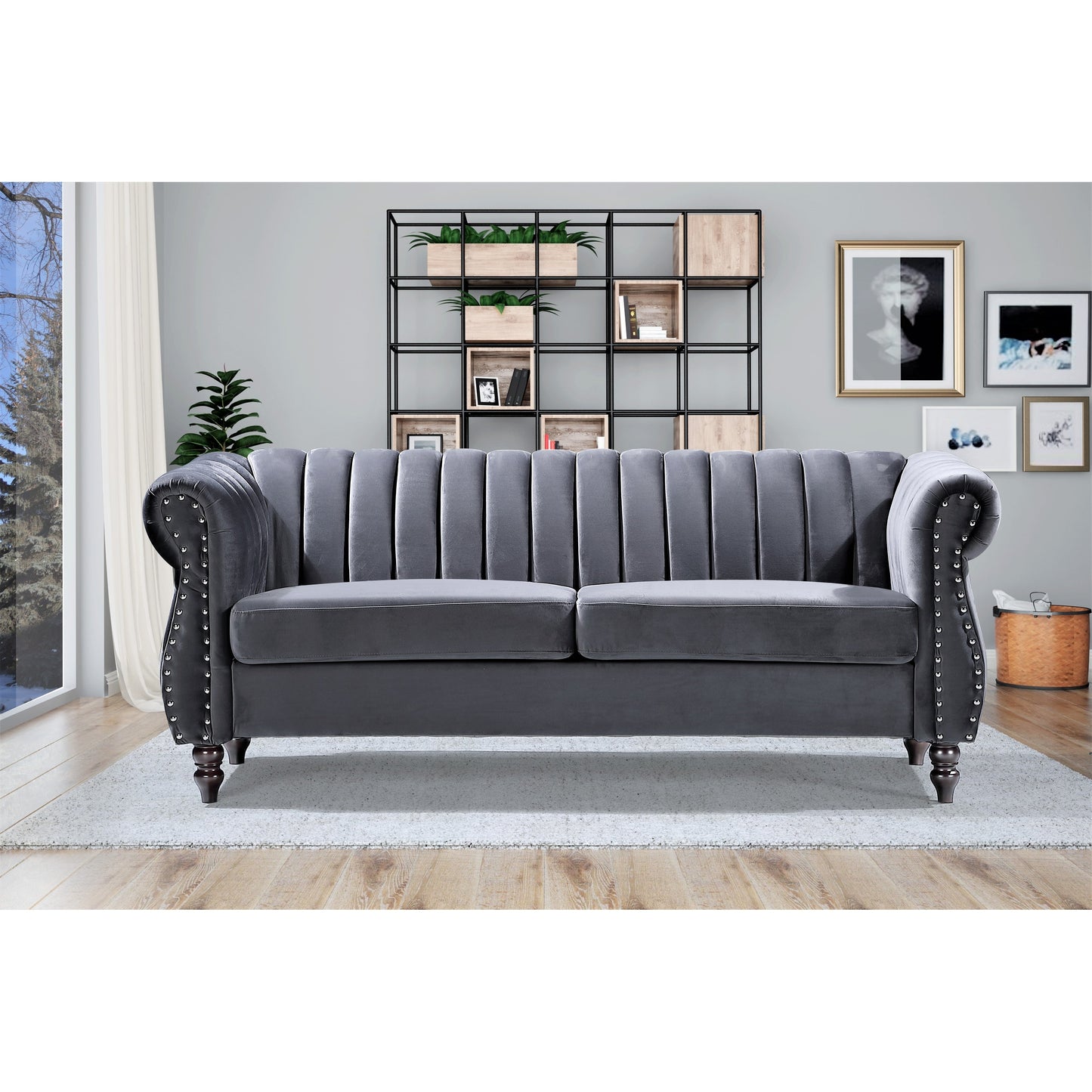 Canapé Chesterfield en velours Charlot à accoudoirs roulés