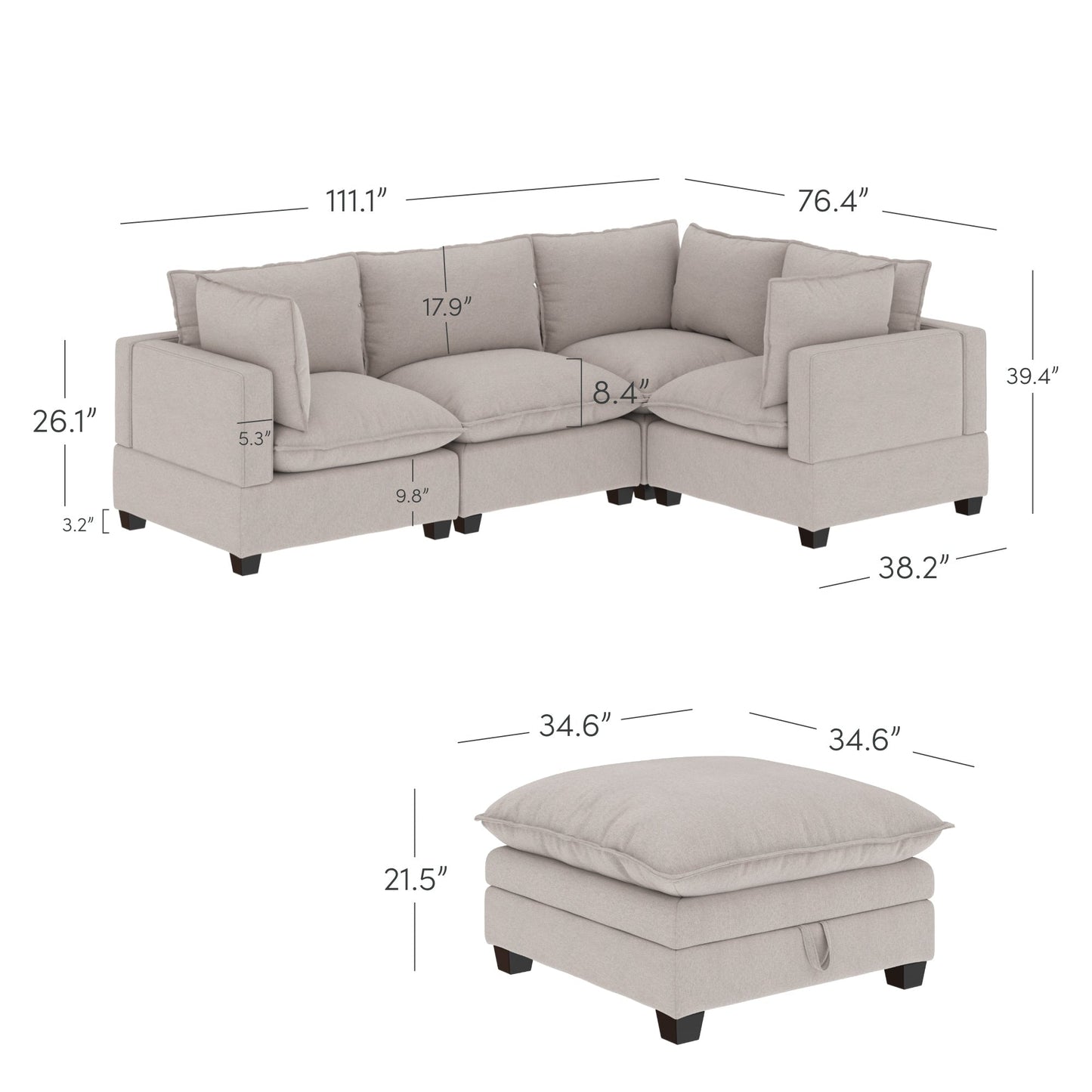 Canapé modulaire rembourré Chelsea Modern Cloud avec assise profonde et coussins moelleux