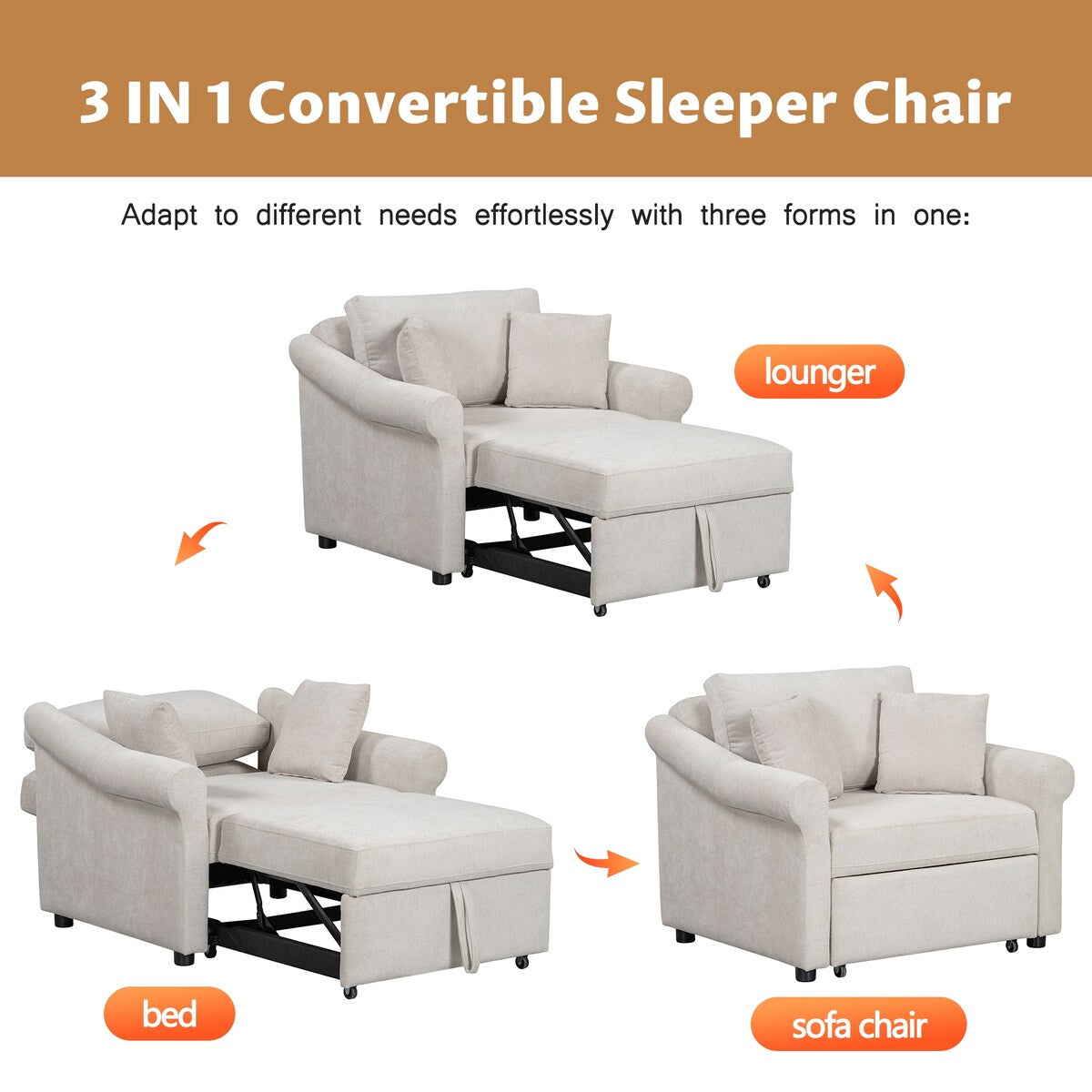 Fauteuil convertible en chenille avec dossier réglable, chaise longue 3 en 1 transformable en lit, lit simple pour salon