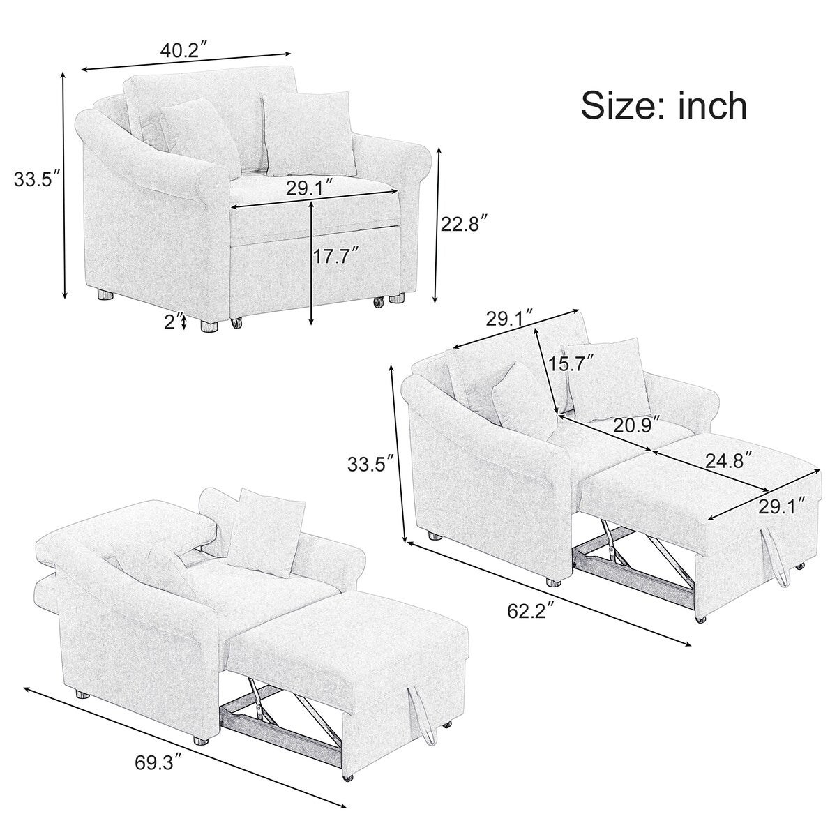 Fauteuil convertible en chenille avec dossier réglable, chaise longue 3 en 1 transformable en lit, lit simple pour salon