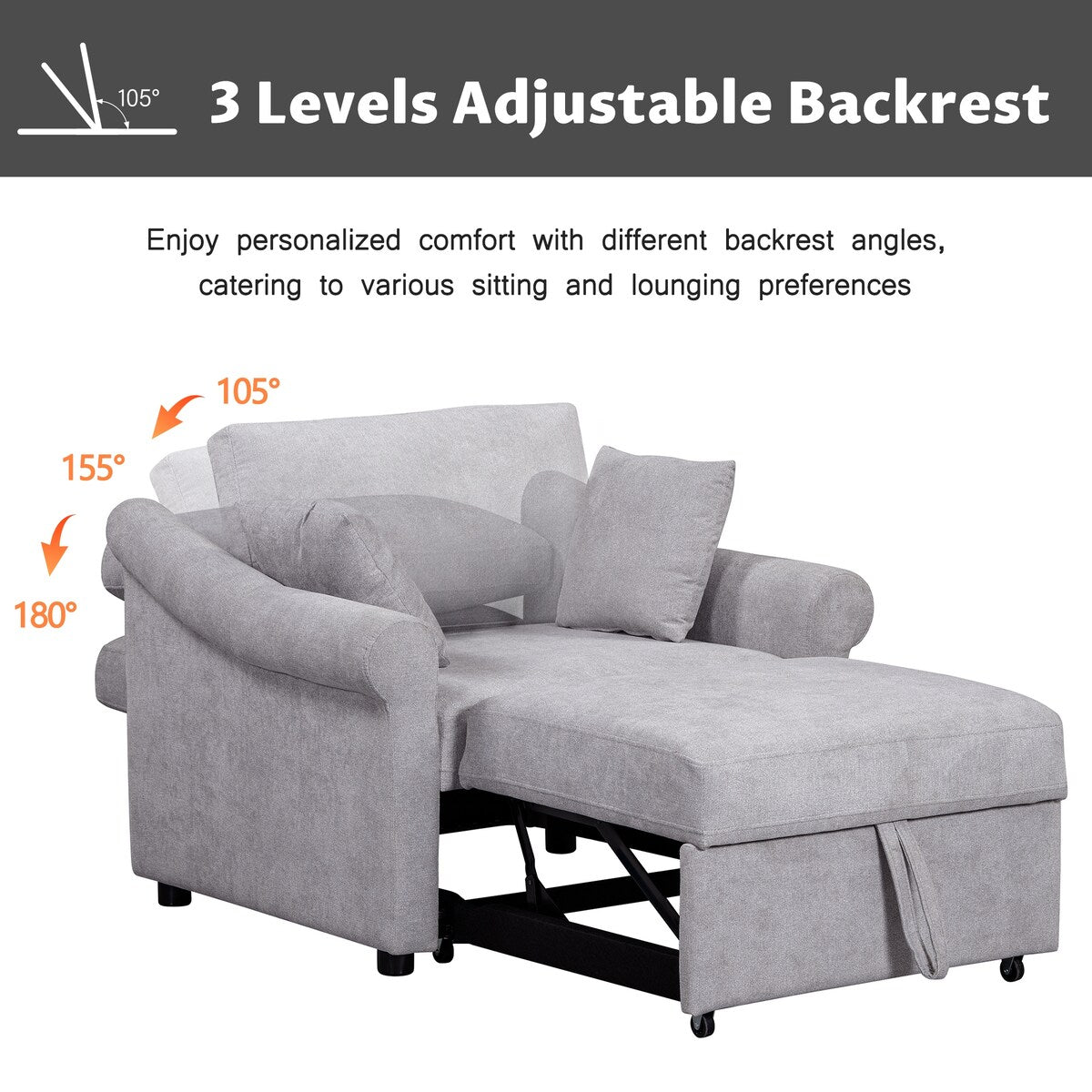 Fauteuil convertible en chenille avec dossier réglable, chaise longue 3 en 1 transformable en lit, lit simple pour salon