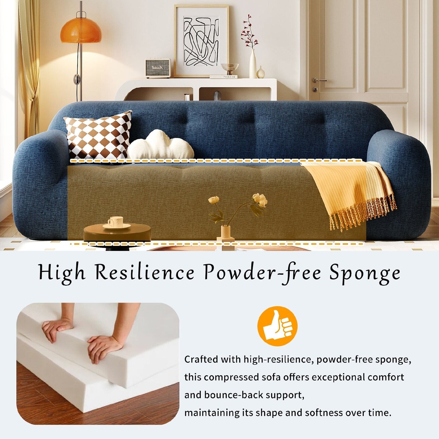 Canapé 3 places en tissu chenille avec capitonnage et compression intégrale en éponge