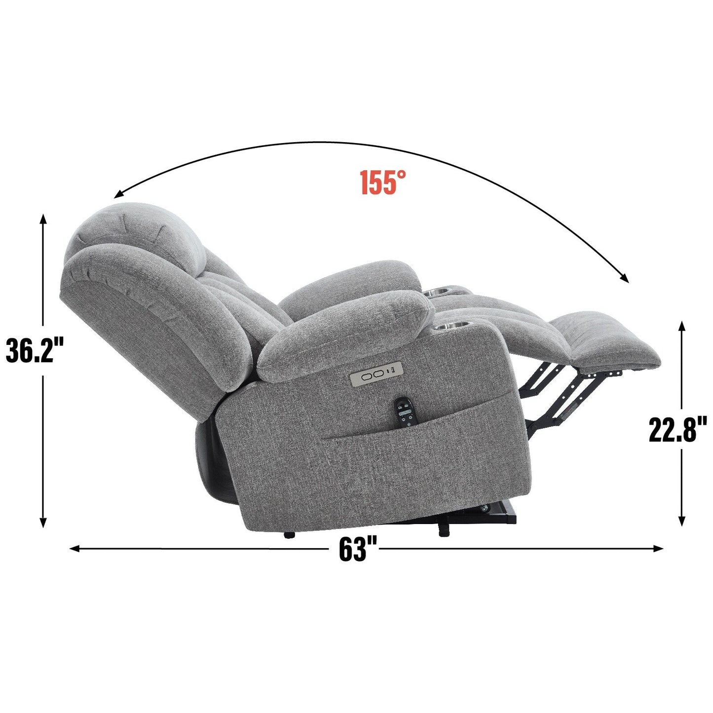Fauteuil inclinable et massant à 8 points avec relevage électrique en chenille, chauffage de la taille, ports USB et porte-gobelet en acier inoxydable