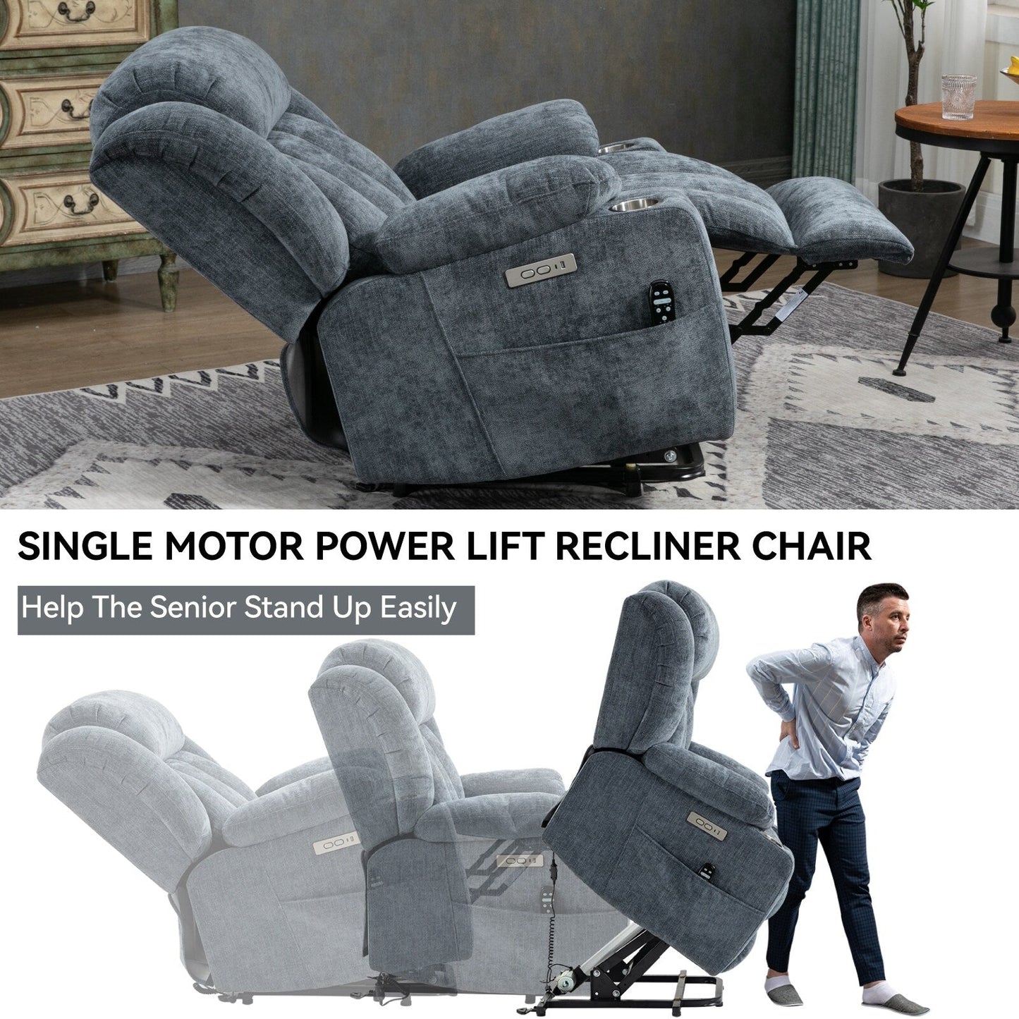 Fauteuil inclinable électrique Chenille avec massage, chauffage, port USB, Type-C et porte-gobelets
