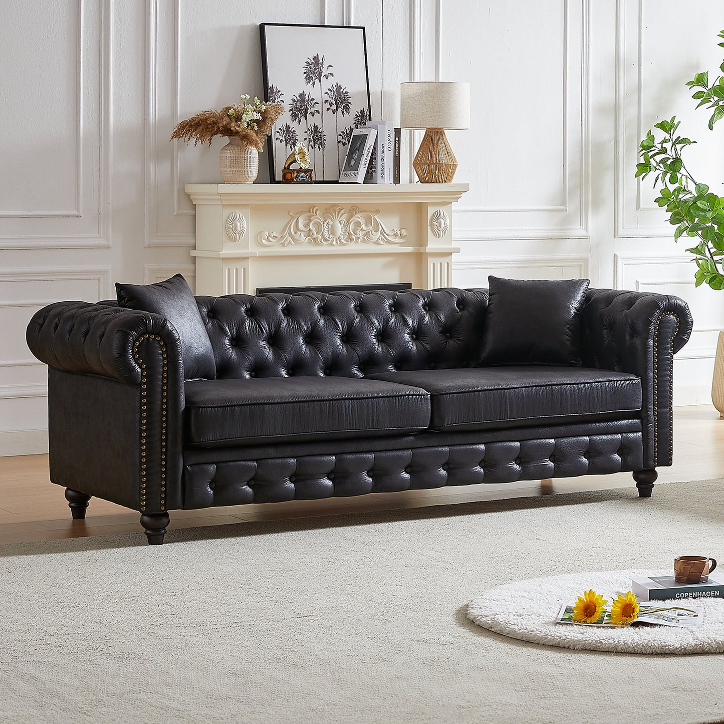 Canapé 3 places Chesterfield 85.5 en tissu technique avec coussins