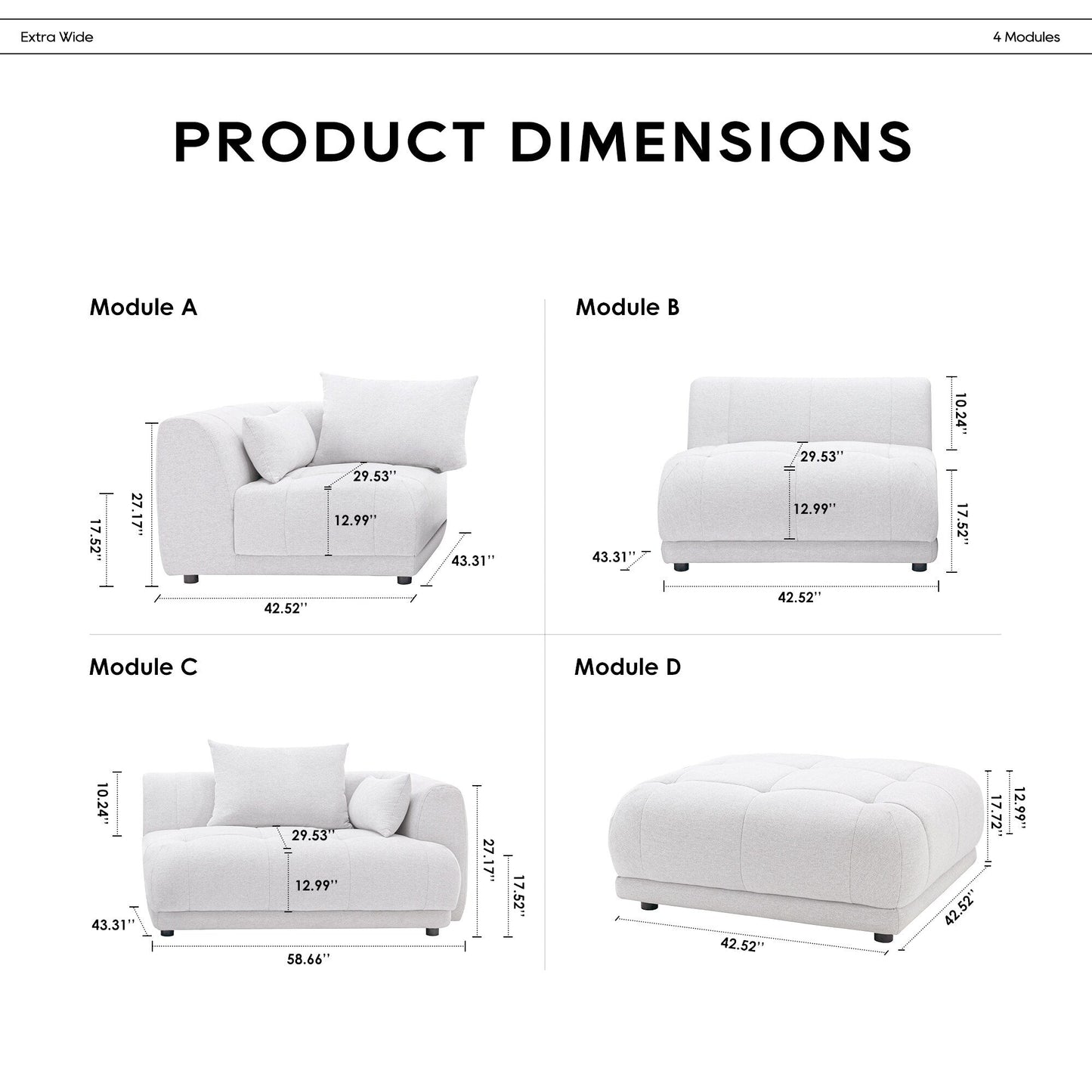 Canapé modulaire Cloud 144 avec pouf - Canapé de salon en tissu chenille moelleux