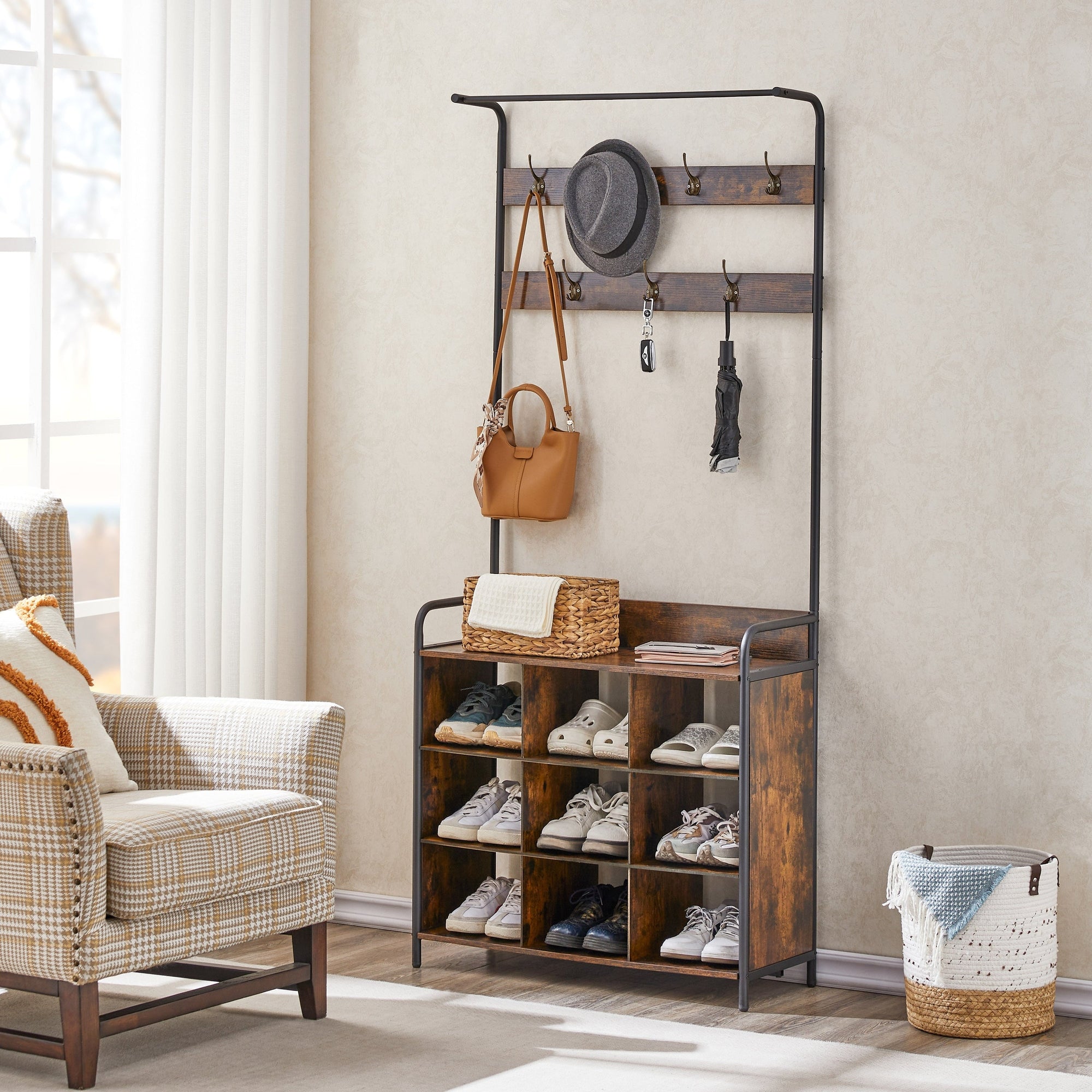 Coat Rack with Shoe Rack for Entryway, 3-in-1 with 7 Hooks, a Hanging Rod