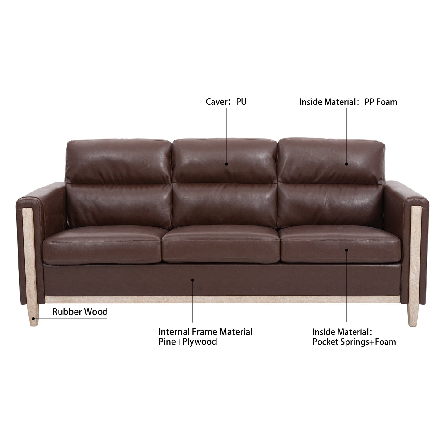 Canapé trois places confortable en bois massif rembourré - 31,30 x 79,53 x 35,43