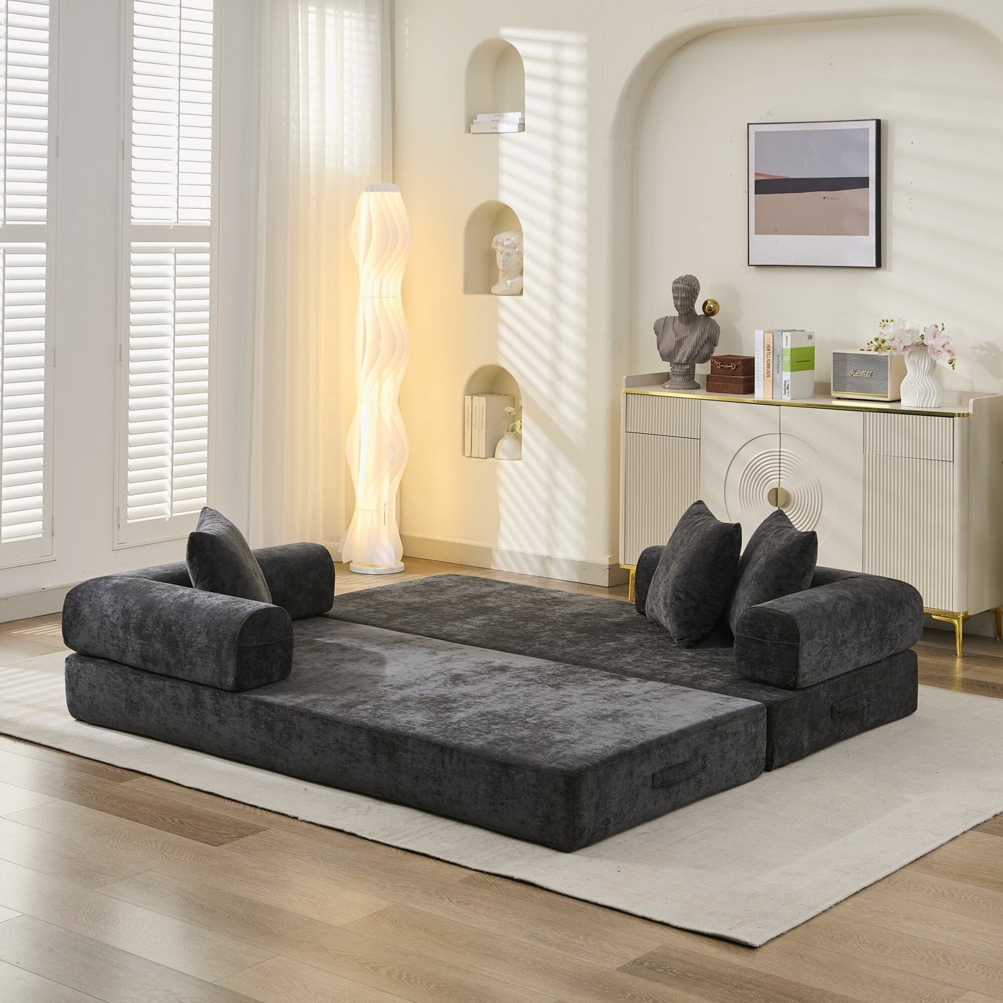 Canapé-lit convertible confortable et pliable, canapé-lit de sol, canapé de sol en chenille avec accoudoirs, canapé de salon