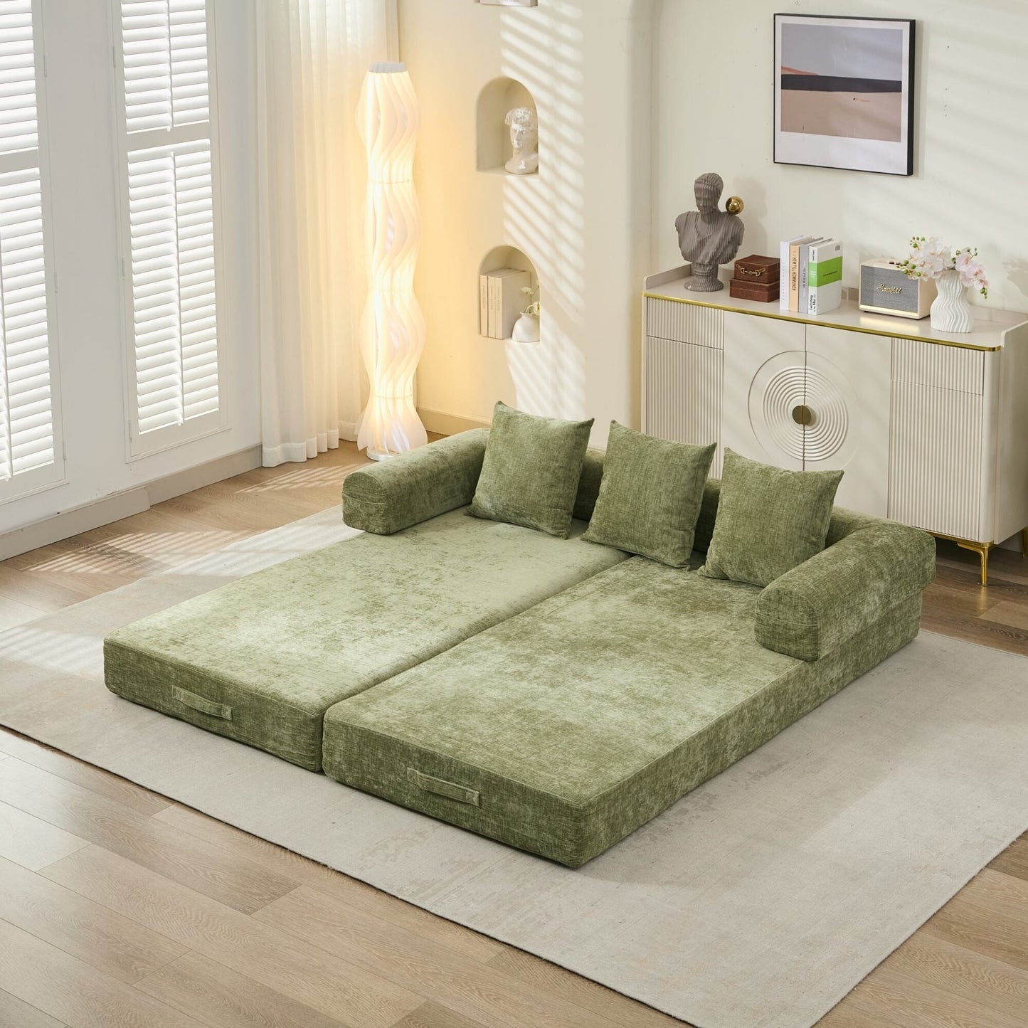 Canapé-lit convertible confortable et pliable, canapé-lit de sol, canapé de sol en chenille avec accoudoirs, canapé de salon
