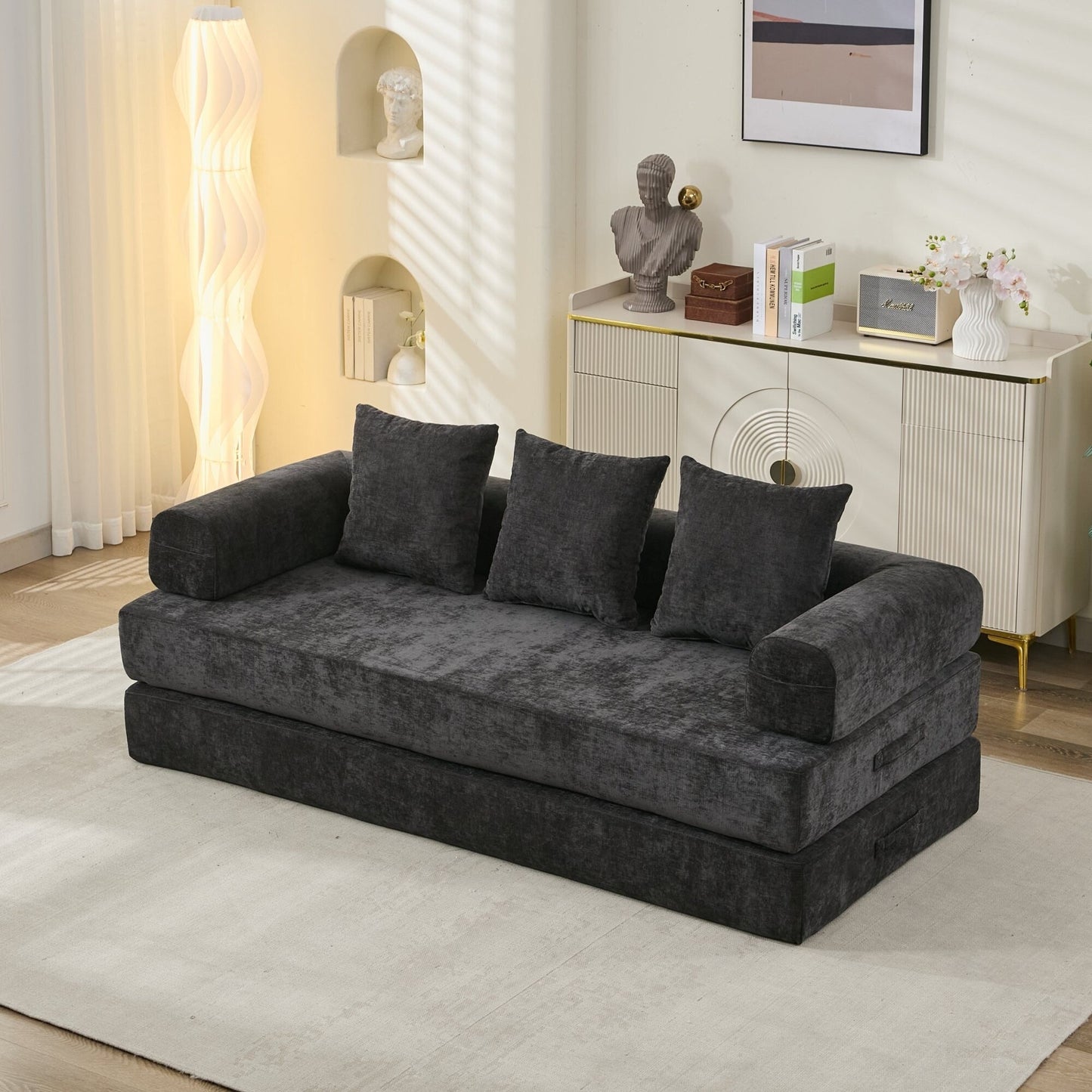 Canapé-lit convertible confortable et pliable, canapé-lit de sol, canapé de sol en chenille avec accoudoirs, canapé de salon