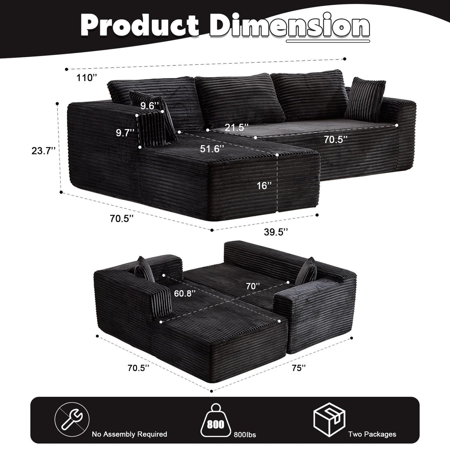 Canapé sectionnel à compression avec méridienne en forme de L, siège profond, convertible modulaire pour salon, chambre à coucher, velours côtelé
