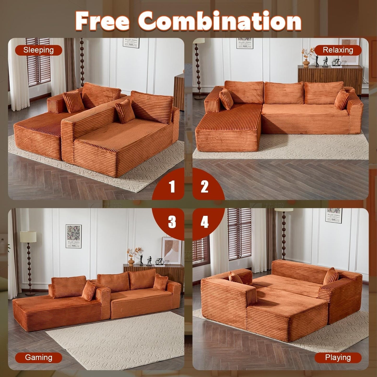 Canapé sectionnel à compression avec méridienne en forme de L, siège profond, convertible modulaire pour salon, chambre à coucher, velours côtelé