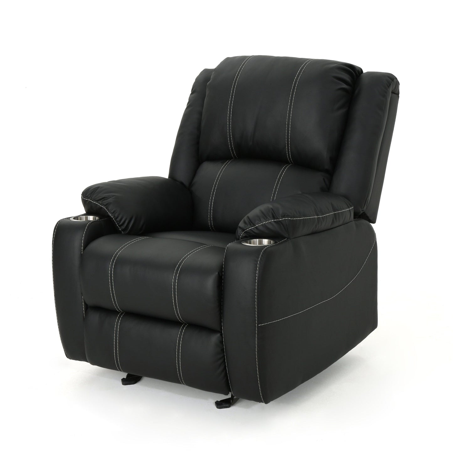 Fauteuil inclinable manuel contemporain avec porte-gobelets en acier, cuir synthétique moelleux et inclinaison réglable