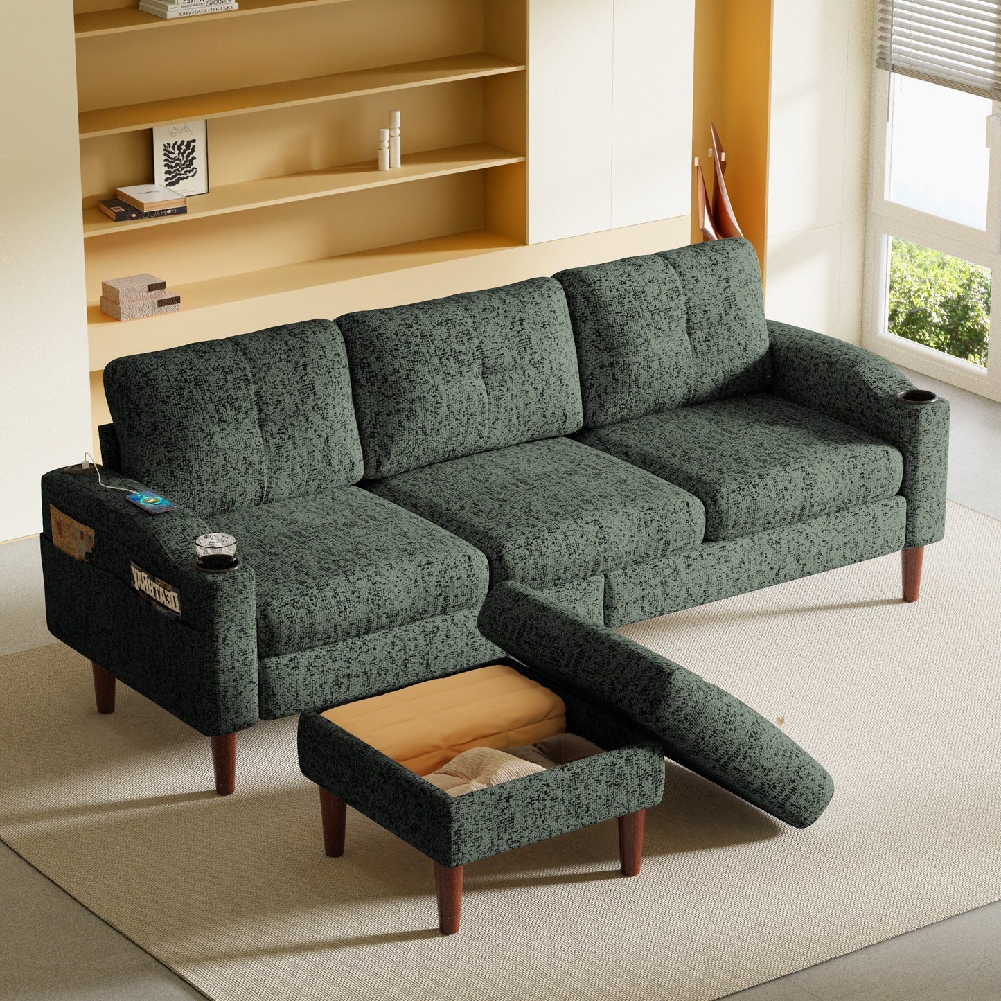 Canapé convertible combiné, canapé en L avec repose-pieds et rangement, canapé combiné 3 places