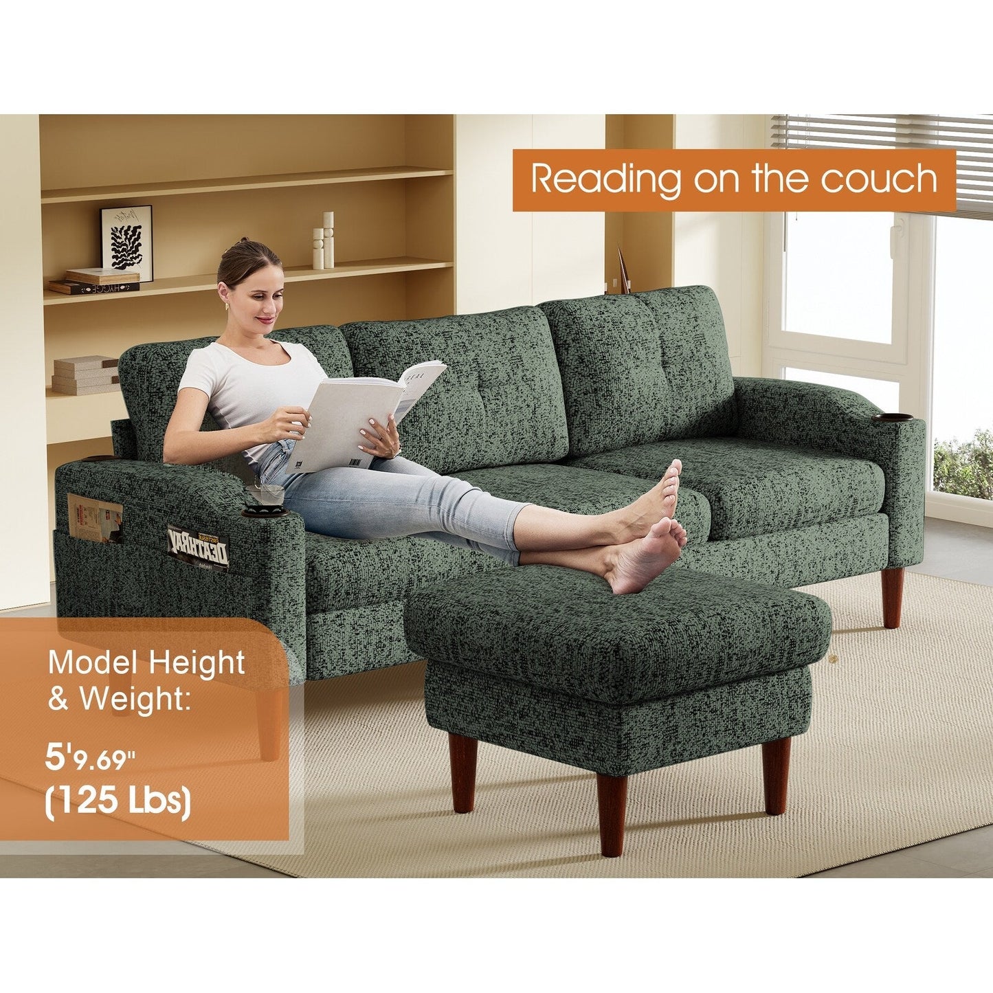 Canapé convertible combiné, canapé en L avec repose-pieds et rangement, canapé combiné 3 places