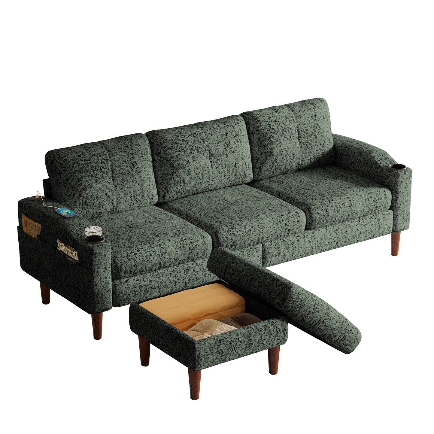 Canapé convertible combiné, canapé en L avec repose-pieds et rangement, canapé combiné 3 places